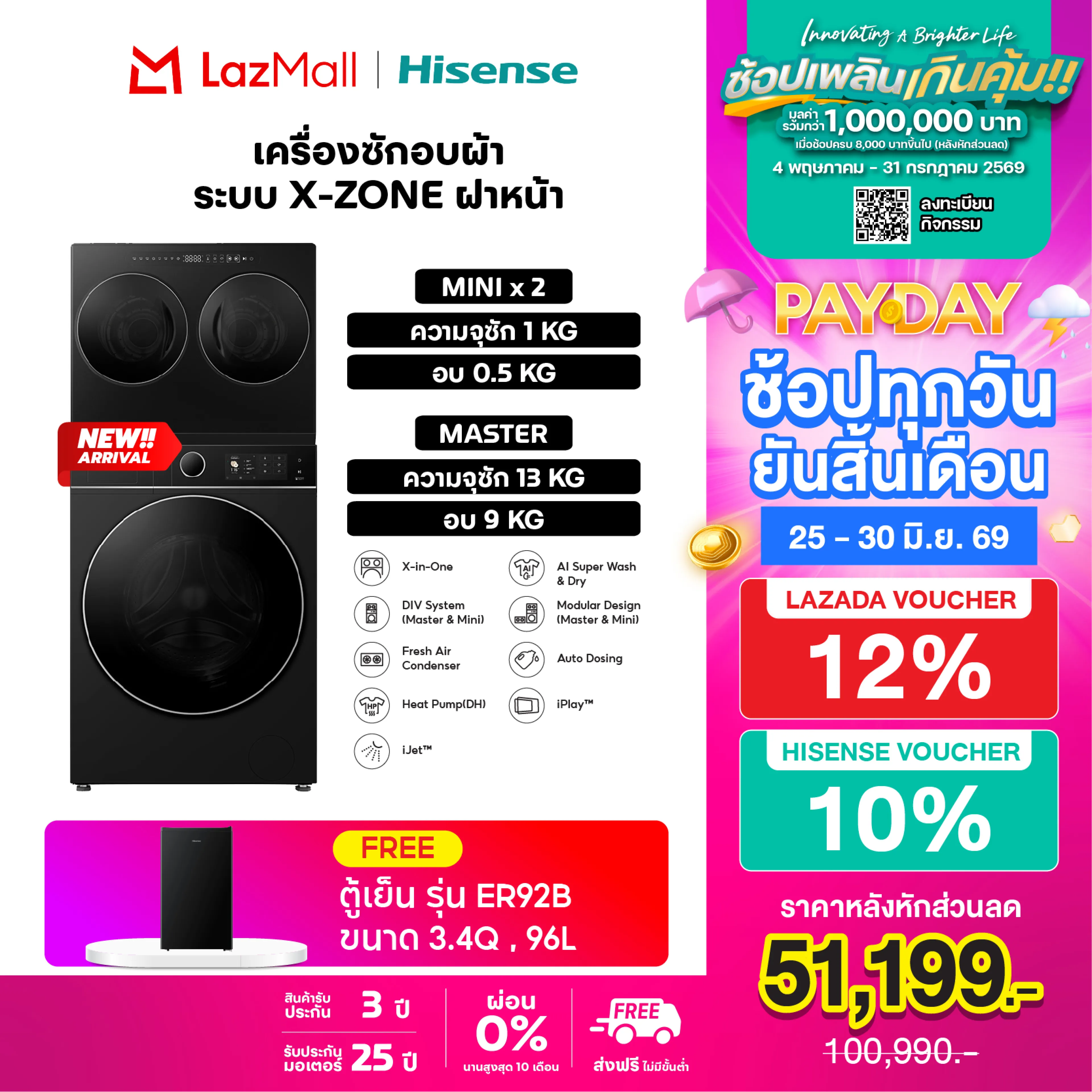 [New 2026] Hisense X-Zone Washing Machine + Dryer Ai Wash Master Drum Washing 13 Kg. + Drying 9 Kg. Mini Double Drum, Capacity 1 kg Washing + 0.5 kg Drying, Black (No Installation Service)