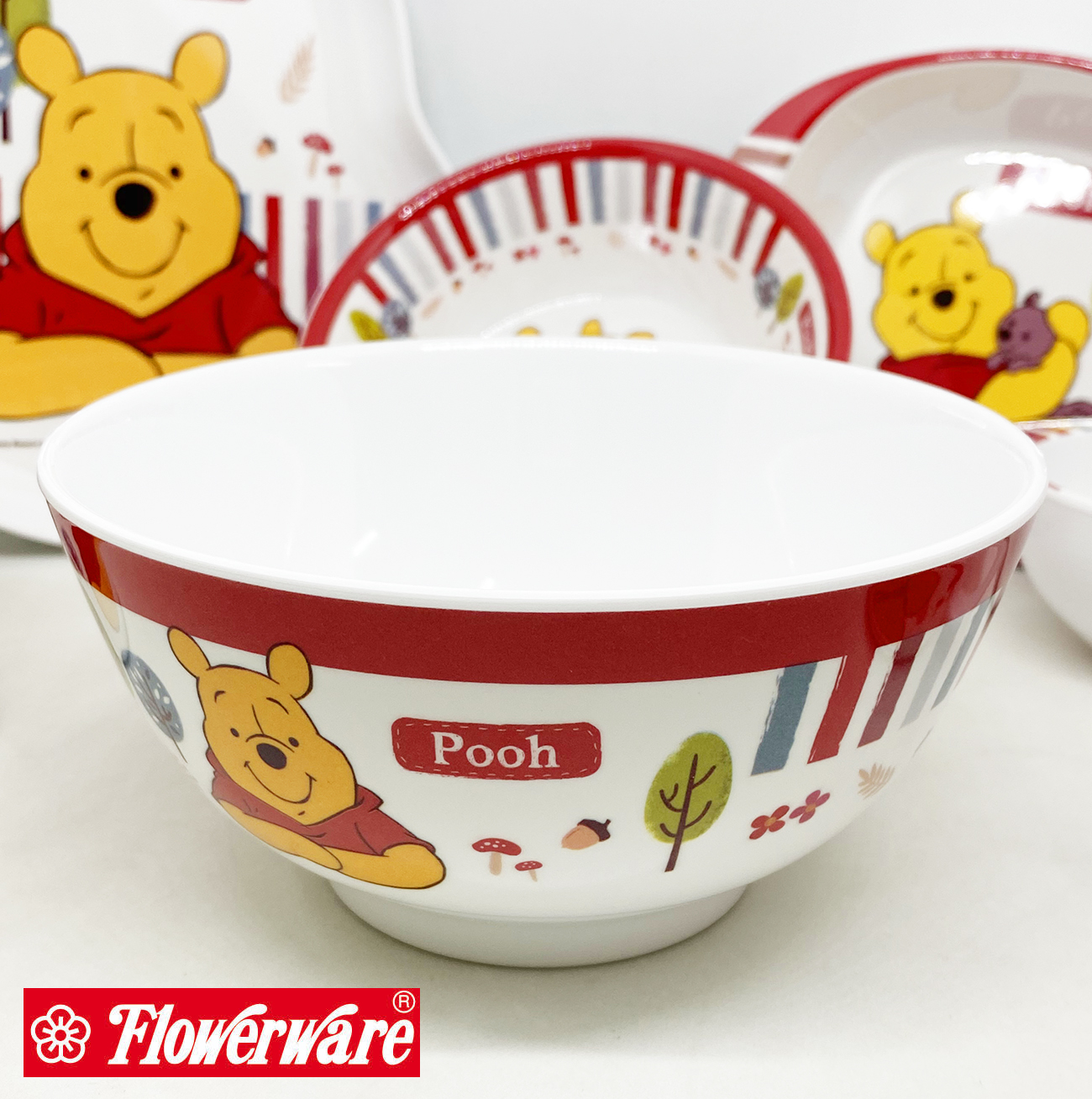 [ขายแยกชิ้น] จานข้าวเด็ก ช้อนส้อมเด็ก ถาดหลุม แก้วน้ำเมลามีน Disney POOH Woodlands หมีพูห์ ยี่ห้อฟลาวเวอร์แวร์ / 1 ชิ้น