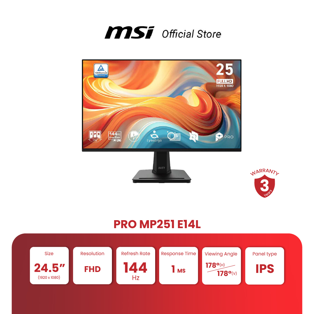 Msi Monitor Pro Mp251 E14L | 24.5" | Ips | Fhd | 1Ms | 144Hz (Computer Monitor) [Pre-Order, Delivery Within 7-15 Days] ราคา 3,000 บาท*ส่งฟรี
