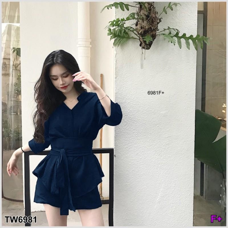 TW6981 Set 2 ชิ้น เสื้อเชิ้ตคอเต่า แขนตุ๊กตาพองๆ+กางเกงขาสั้น **สอบถามก่อนสั่งซื้อ**