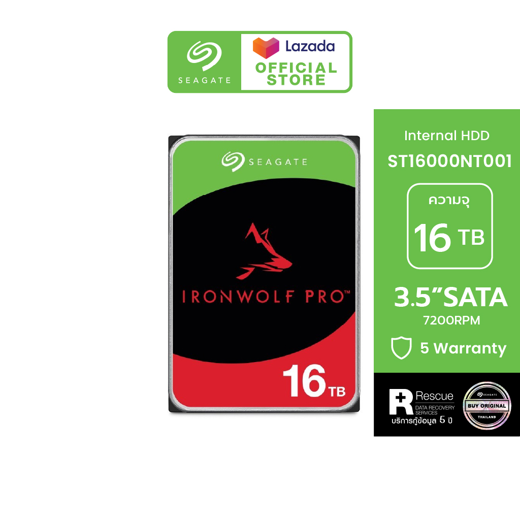 SEAGATE IRONWOLF PRO NAS HDD ST16000NT001 / 16TB / 3.5" / 7200RPM / C/256MB / SATA 6GB/s (ฮาร์ดดิสก์) *ฟรีบริการกู้ข้อมูล ราคา 19,315 บาท*ส่งฟรี