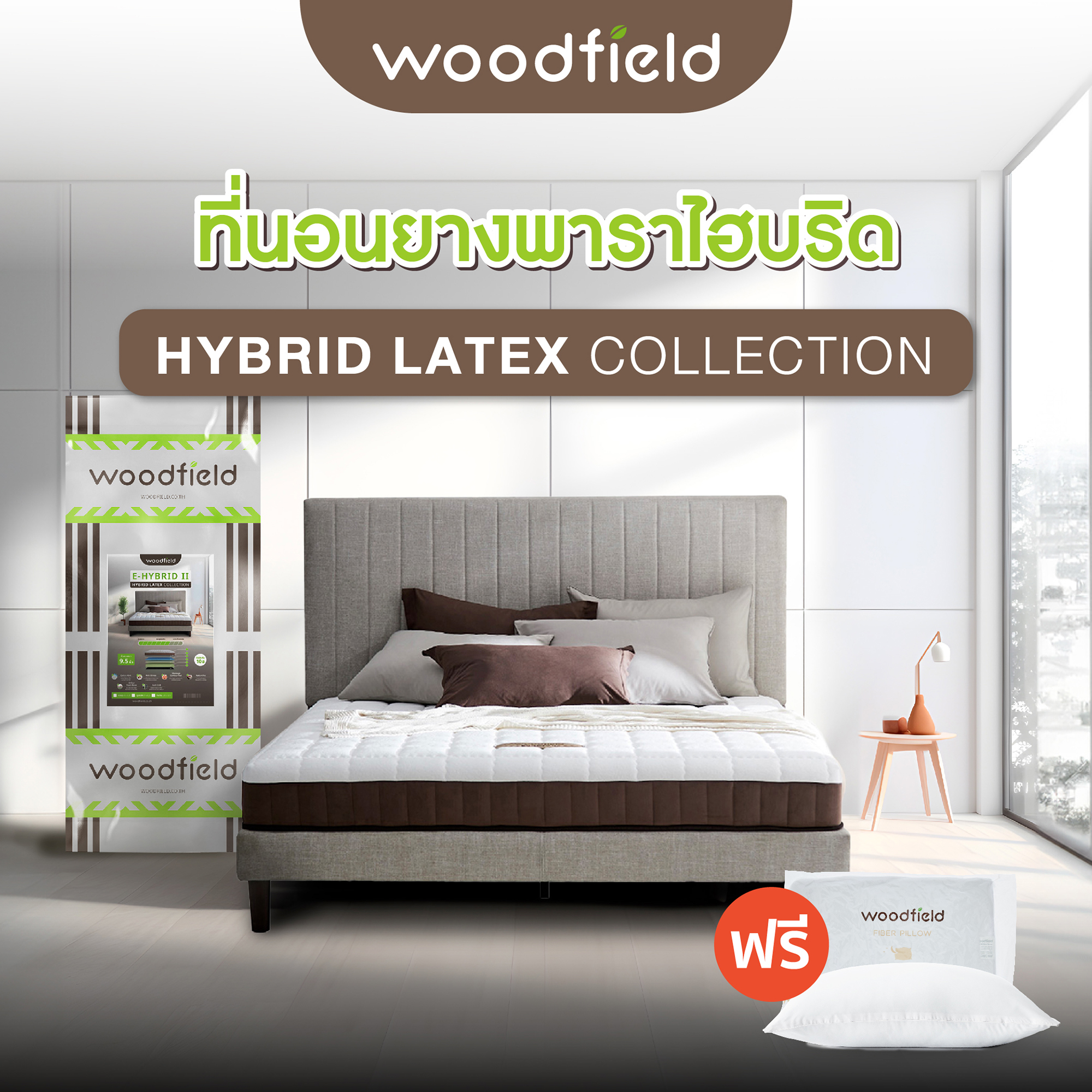 Woodfield ที่นอนยางพารา นำเข้าจากประเทศเบลเยี่ยม รุ่น E-Hybrid สเปคนุ่มแน่น-นุ่มสบาย ฟรีหมอนหนุนเพื่อสุขภาพ ราคา 4,190 บาท*ส่งฟรี