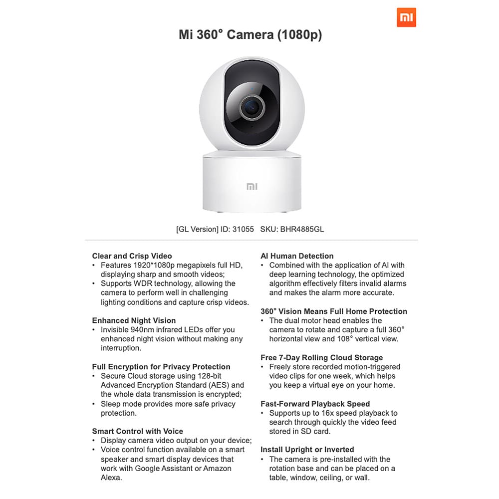 ภาพประกอบคำอธิบาย Xiaomi กล้องวงจรปิด Mi Camera SE PTZ Version 360° 1080P (Global Version) [WeMall]