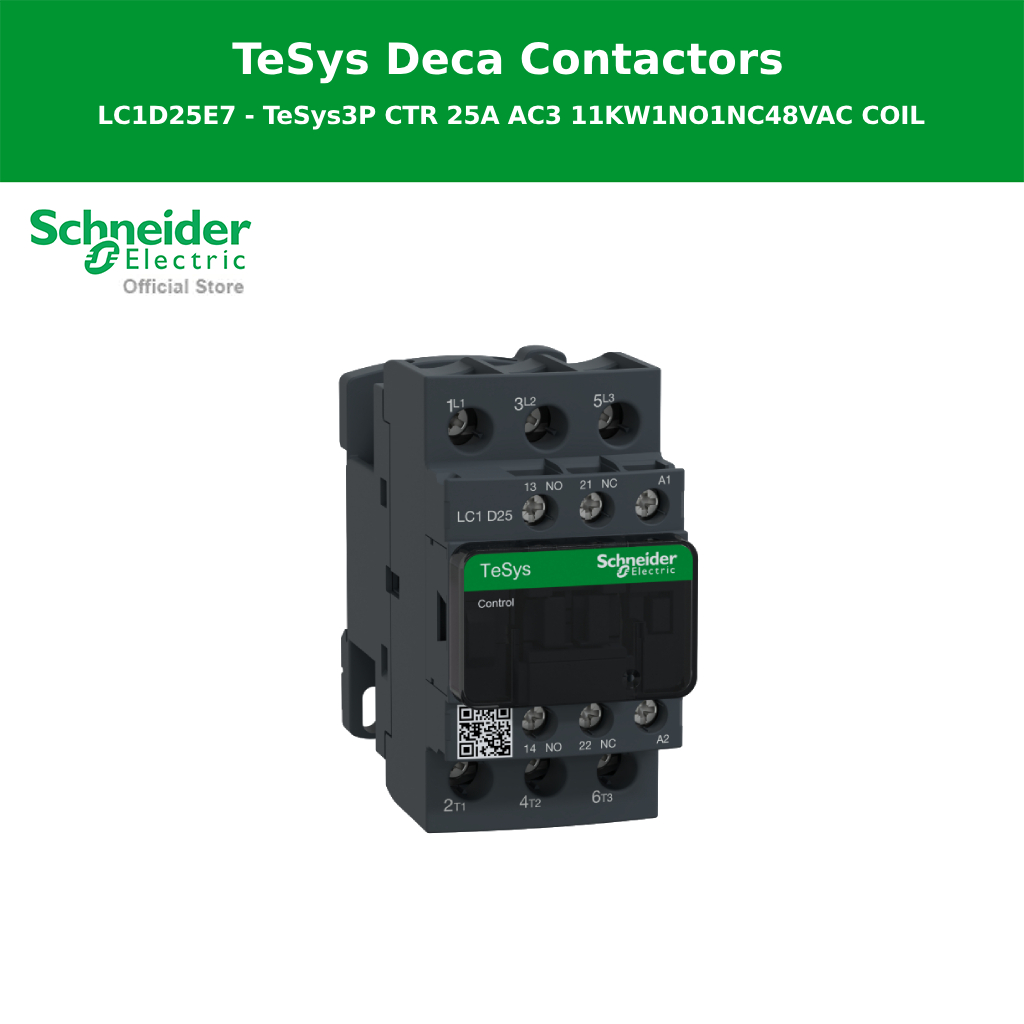 Schneider Electric รุ่น Tesys Deca contactor,3P(3NO),AC-3/AC-3e,<=440V 25A,48V AC coil (LC1D25E7) - ยี่ห้อ Schneider Electric ราคา 2,160 บาท*ส่งฟรี