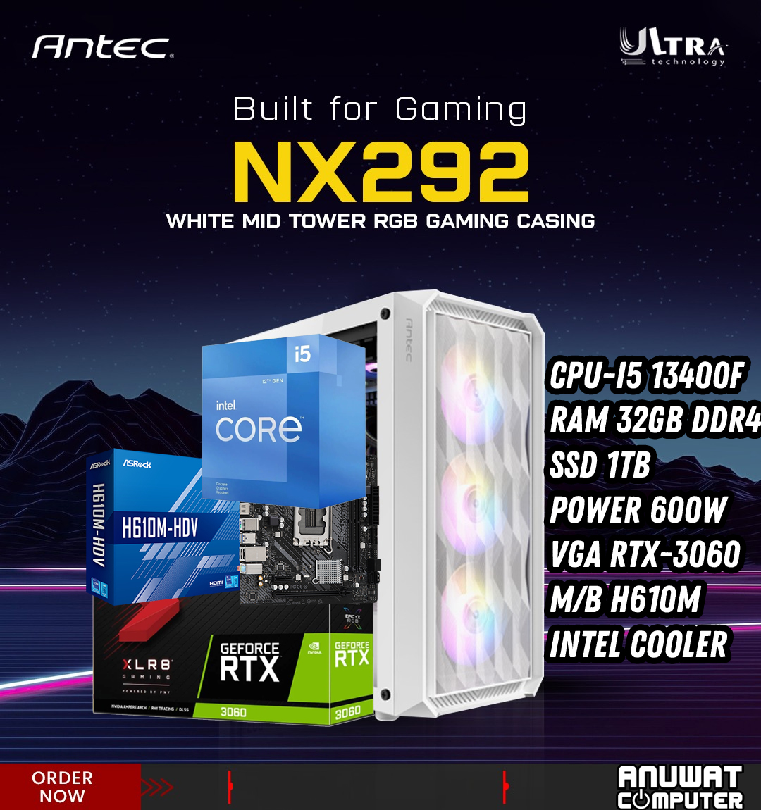 คอมพิวเตอร์เล่นเกมส์ Intel Core I5-13400F RAM 32GB RTX-3060 (GEN13) ราคา 25,480 บาท*ส่งฟรี