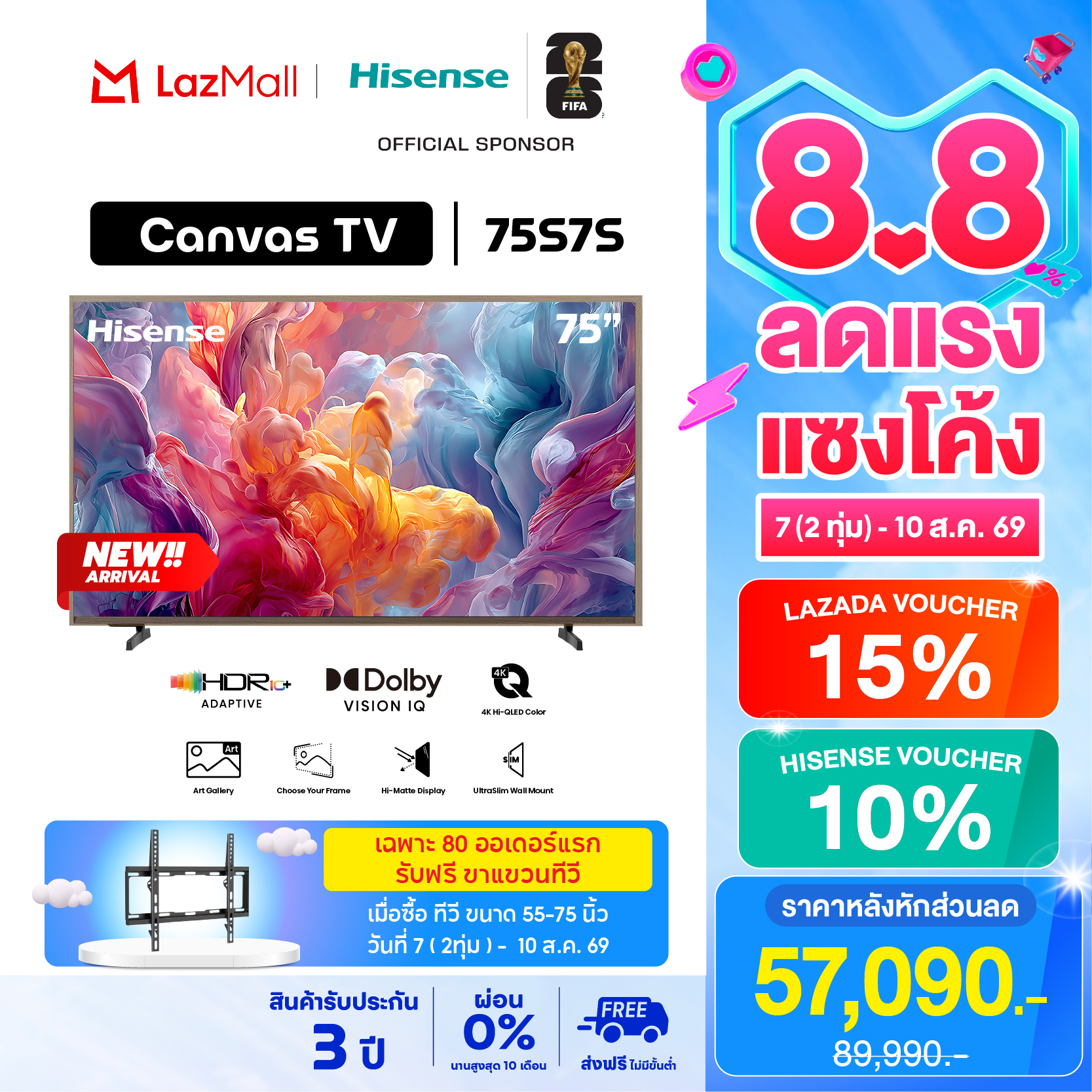 [New 2026] Hisense Canvas Tv Model 75S7S Wooden Frame ราคา 72,090 บาท*ส่งฟรี