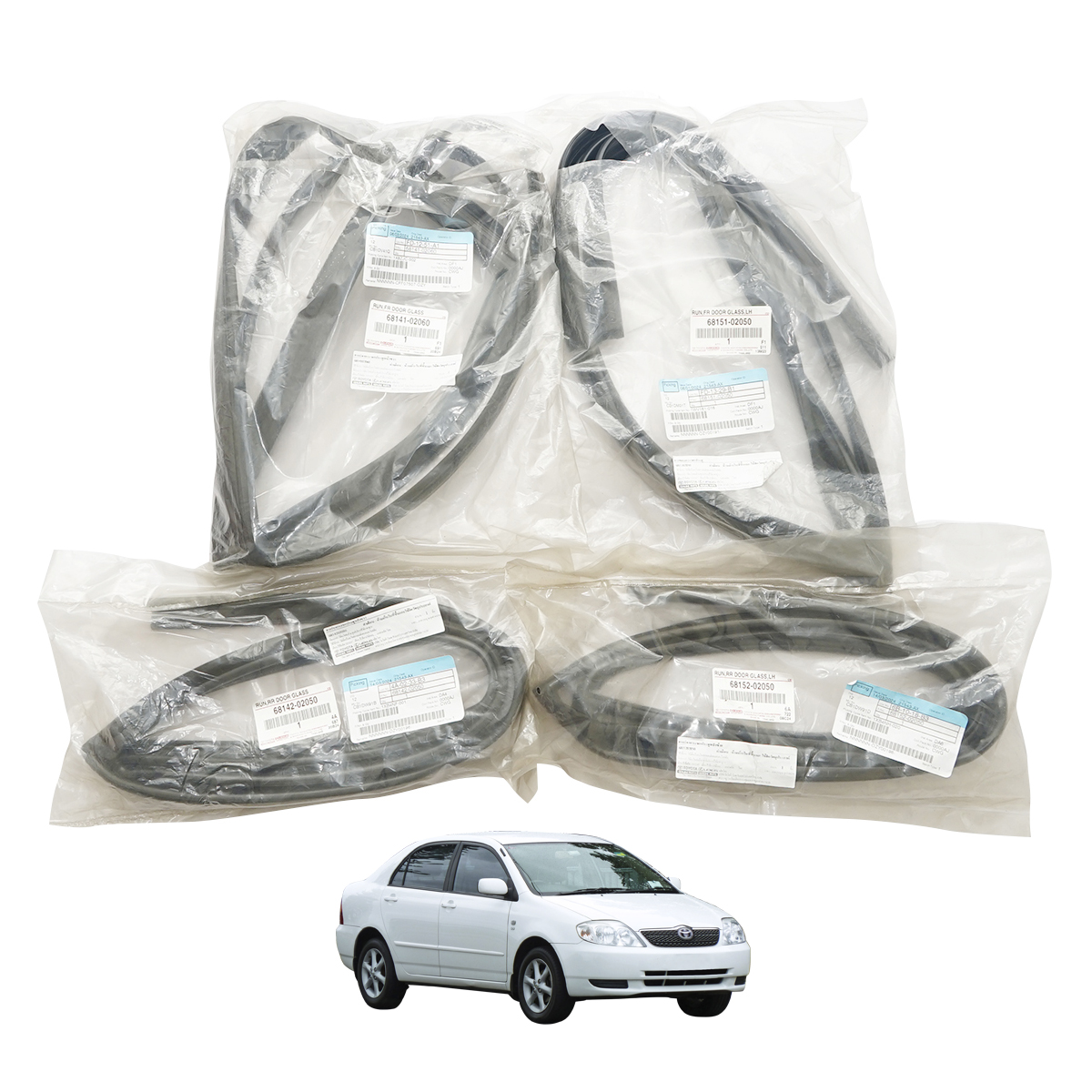 Car Door Glass Felt Grooves, Top Side, 4 Doors, Complete Set, Toyota Corolla Sedan, Year 2543 - 2550, Toyota Corolla Altis E120, 2000 - 2007 ราคา 3,203 บาท*ส่งฟรี