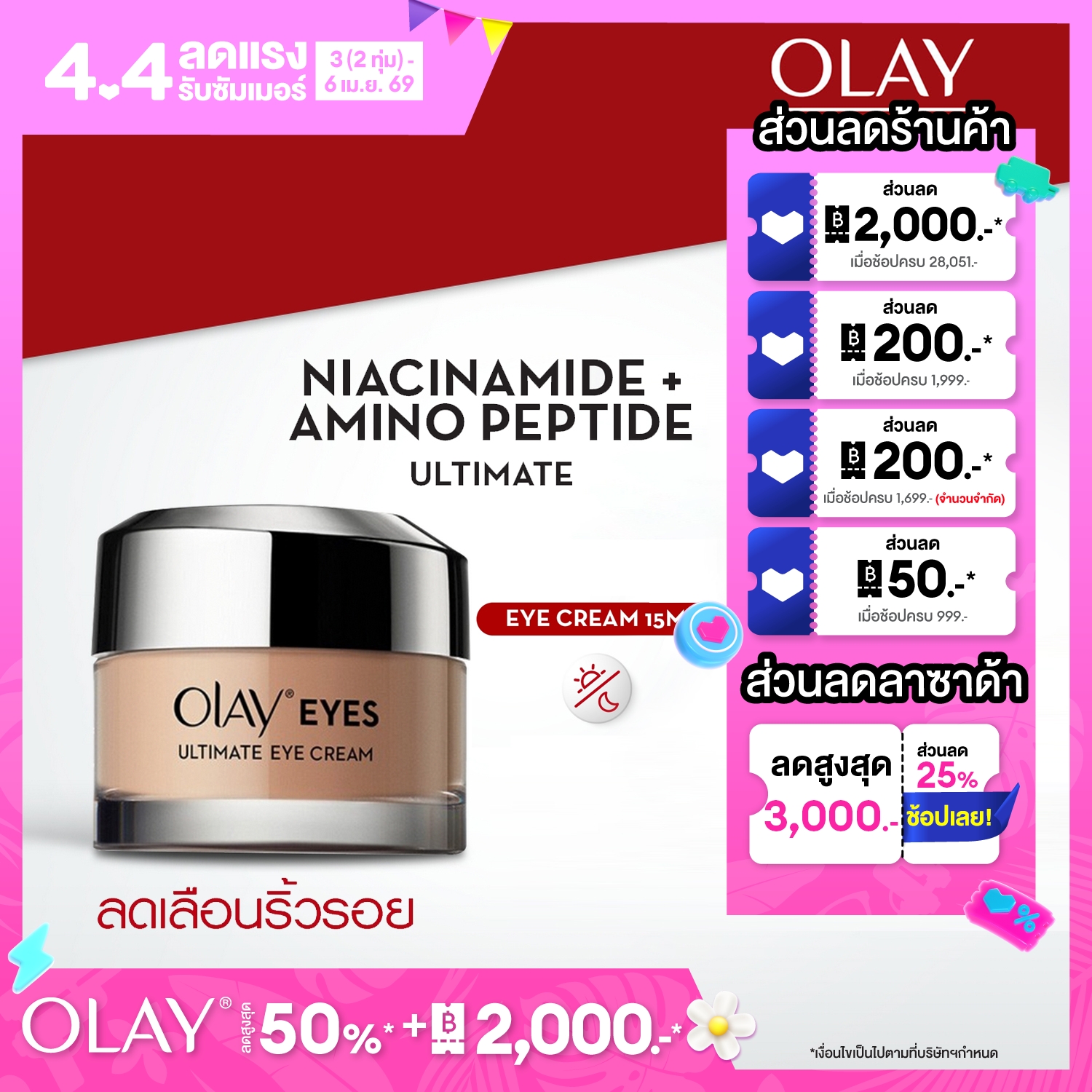 โอเลย์ อายส์ อัลติเมท อายครีม 15 กรัม. ไนอะซินาไมด์ ลดเลือนริ้วรอยและถุงใต้ตา สกินแคร์ Olay Eye Ultimate Eye Cream 15G