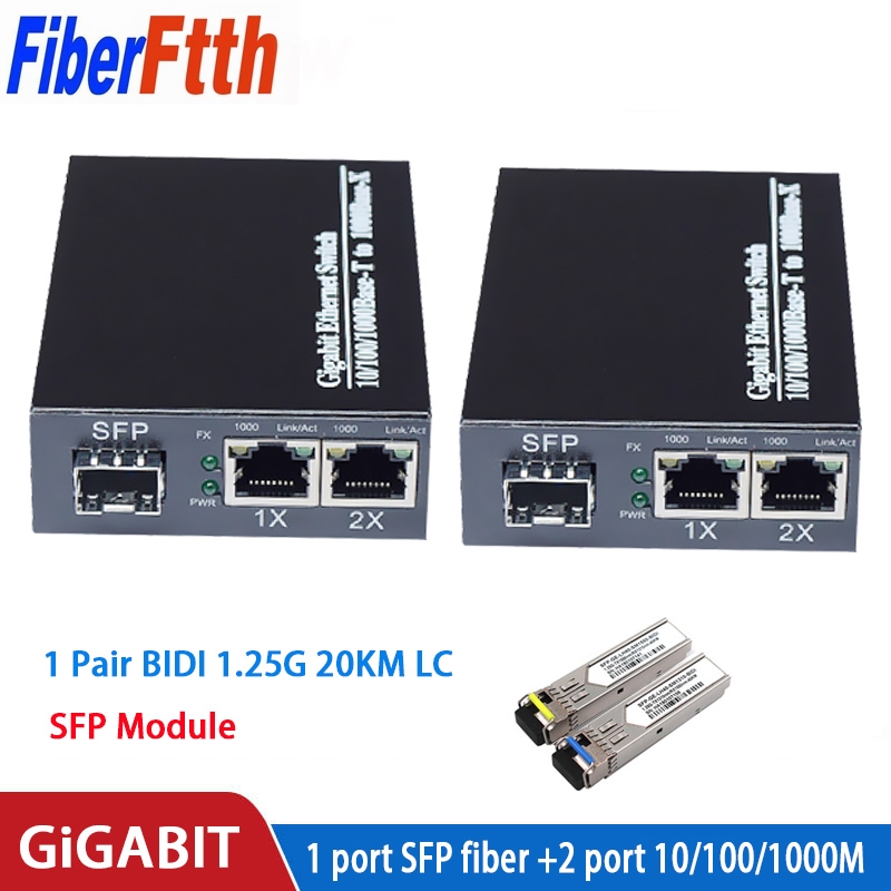 1 Pair Fiber Optical Media Converter 1 Port SFP to 2 RJ45 with 1 Pair LC/SC SFP Module 3/5/20 KM Gigabit Optical Fiber Ethernet 10/100/1000M