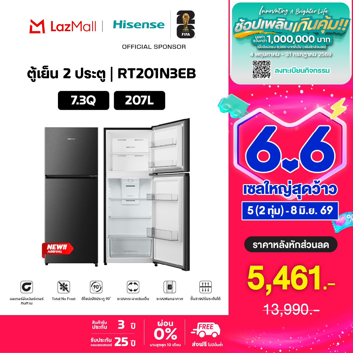 [New 2026] Hisense 2-Door Refrigerator Inverter Pro 7.3 Cubic Feet / 207 Liters Inverter (Color Starry Black) Model RT201N3EB ราคา 8,090 บาท*ส่งฟรี