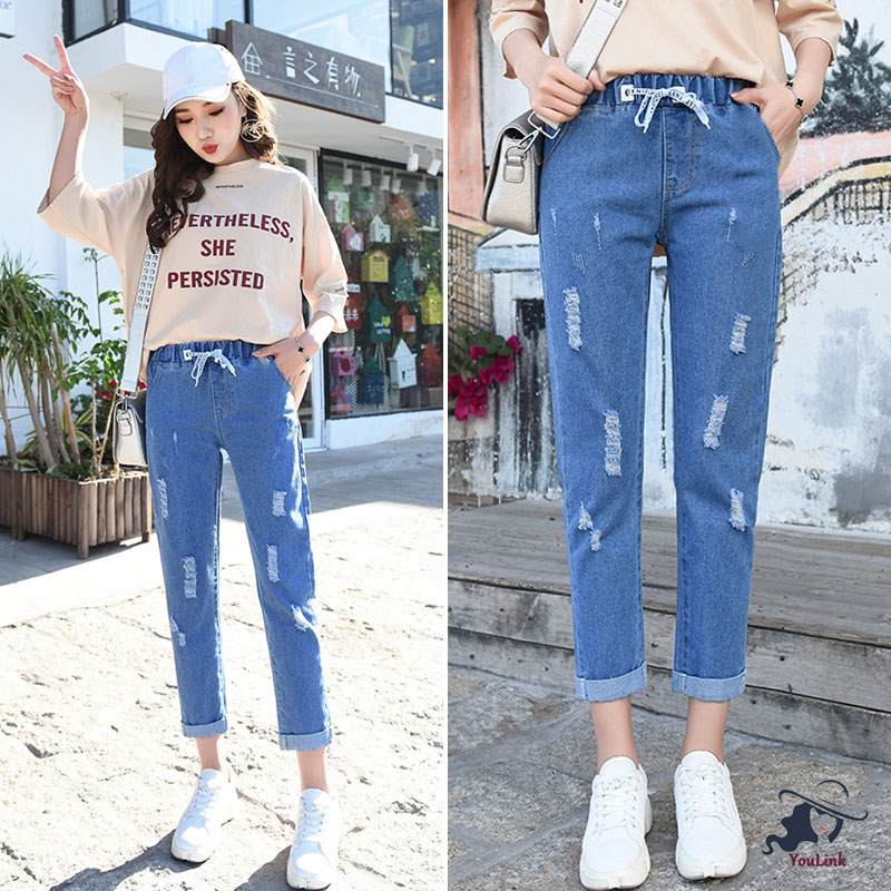 YouLink Jeans K9N10# กางเกงยีนส์ขายาวทรงหลวมของผู้หญิงฤดูใบไม้ร่วงเอวสูงกางเกงขายาวกางเกงขายาวสีน้ำเงิน