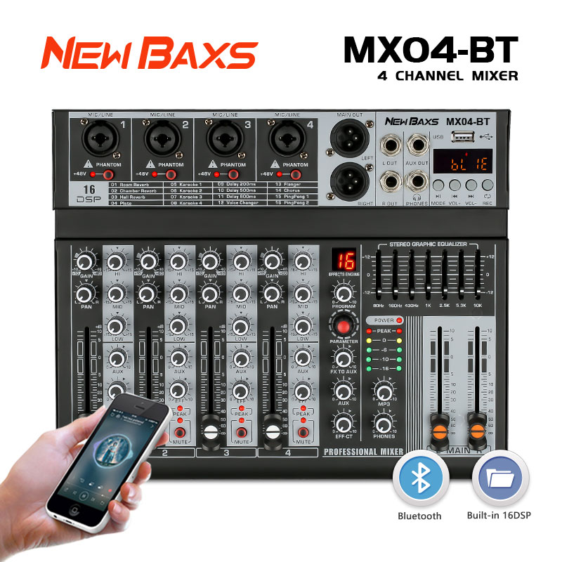 Newbaxs Professional mixer 4-channel mx04bt EQ effect mixer 16dsp USB signal Bluetooth/MP3 amplifier KTV amplifier amplifier ราคา 1,180 บาท*ส่งฟรี