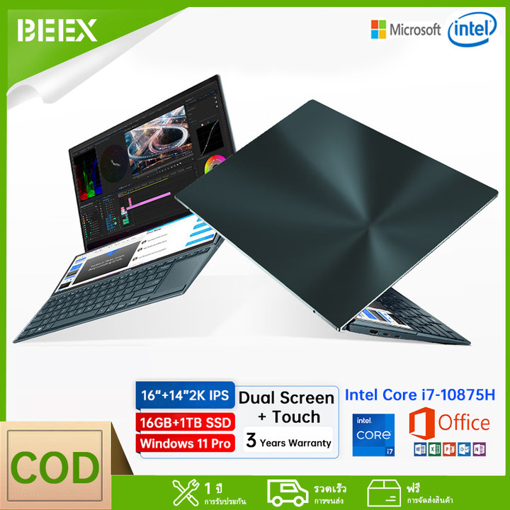 Beex laptop 16 "+ 14" 2K touch screen IPs Intel Core i7-10875H-16GB Ram 512GB SSD gaming laptop 5.0GHz Windows 11 pro ราคา 15,347 บาท*ส่งฟรี