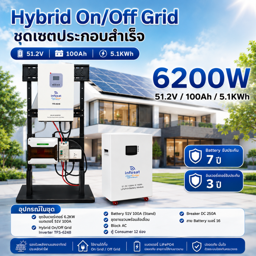 Ready-To-Use Solar Cell Set Hybrid On/Off Grid 6200W Lithium Battery (51.2V 100Ah) ราคา 70,000 บาท*ส่งฟรี