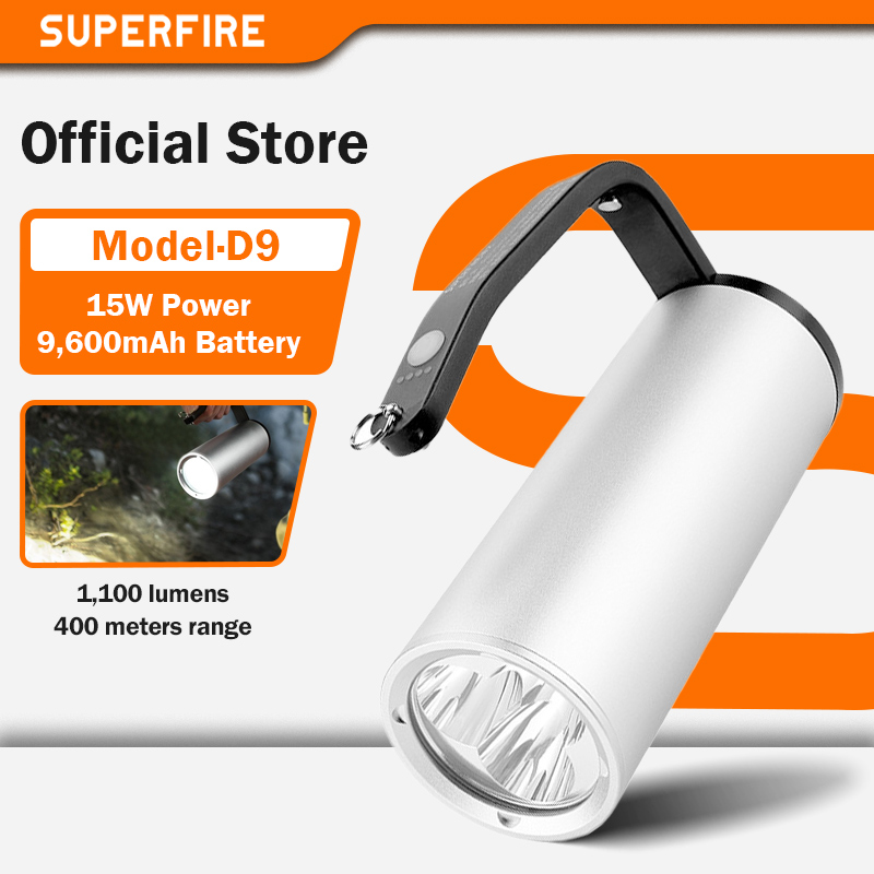SUPERFIRE D9 15W High Power Flashlight Searchlight IP68 Waterproof Rechargeable Lamp 1100LM Powerful rechargeable LED flashlight ราคา 15,569 บาท*ส่งฟรี