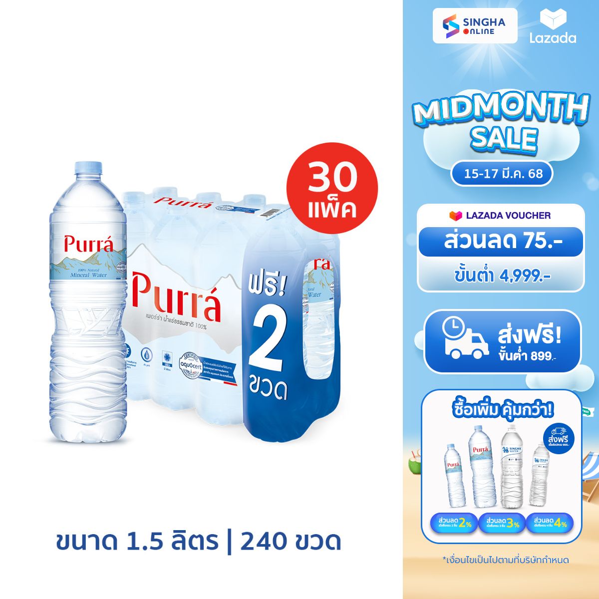 [30 Pack] Purra Natural Mineral Water Free on pack (1.5 L x 8 Bottles) ราคา 2,430 บาท*ส่งฟรี