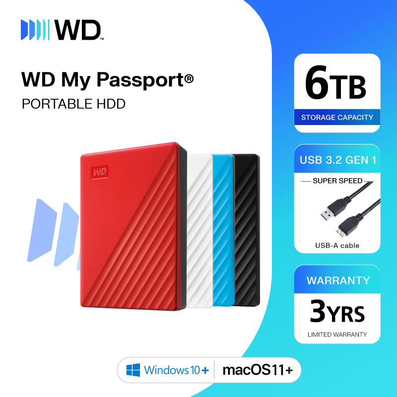 อุปกรณ์จัดเก็บข้อมูล WD Western Digital Hdd ฮาร์ดดิสภายนอก 6 Tb ฮาร์ดดิสก์แบบพกพา รุ่น My Passport ความจุ 6 Tb USB 3.2 Gen 1 ราคา 10,490 บาท*ส่งฟรี