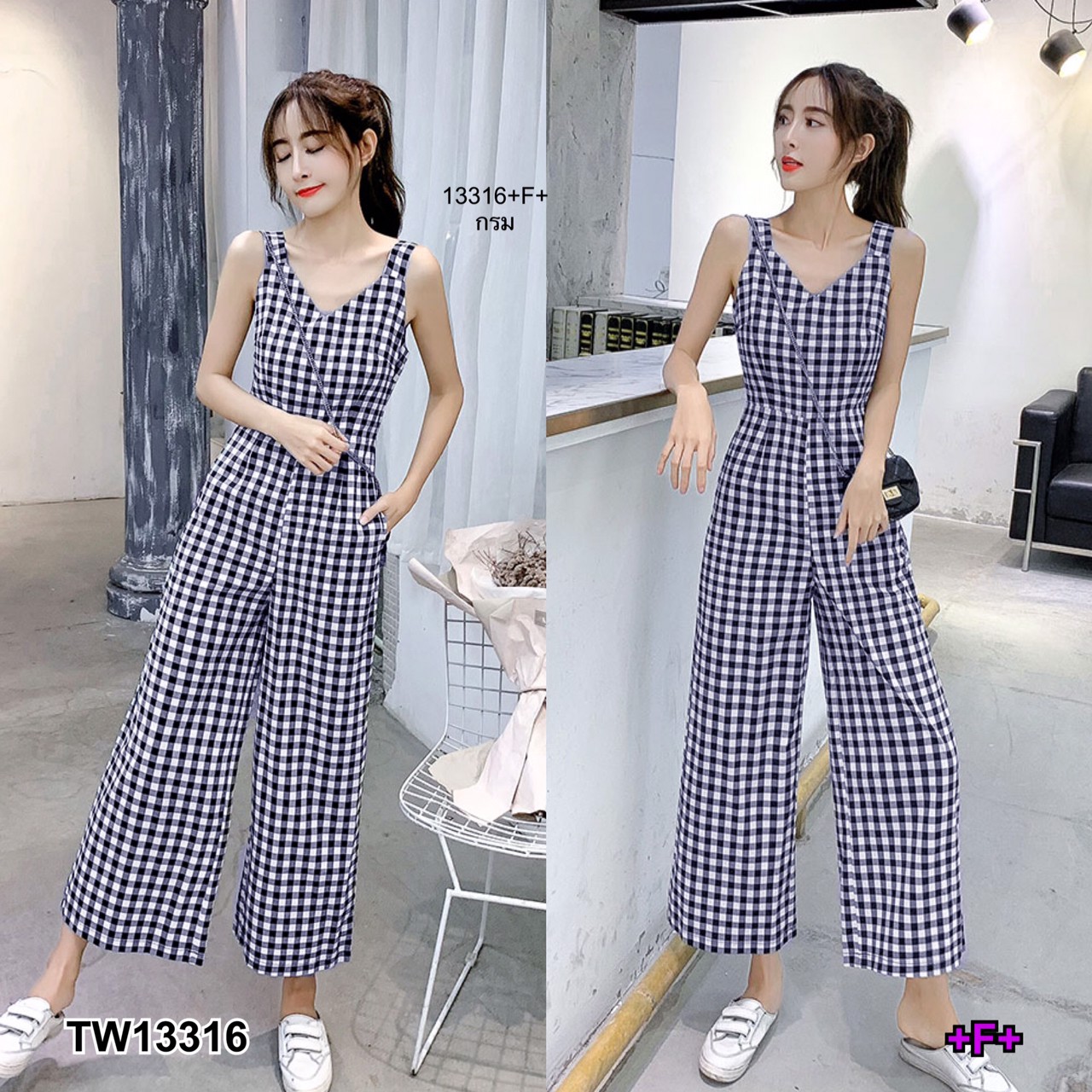 TT13316 Jumpsuit จั้มสูทแขนกุดลายสก็อตขากระบอก