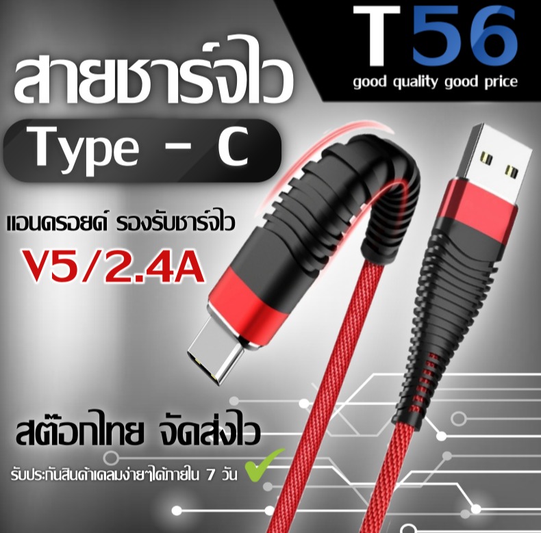 สายชาร์จแบต Type C ข้อต่อนิ่ม ทนทานสูง มีรับประกันสินค้าทุกชิ้น 100% รองรับชาร์จไว5V/2.4A (1เมตร) เปียถัก ชาร์จซัมซุง วีโว่ อ๊อปโป้