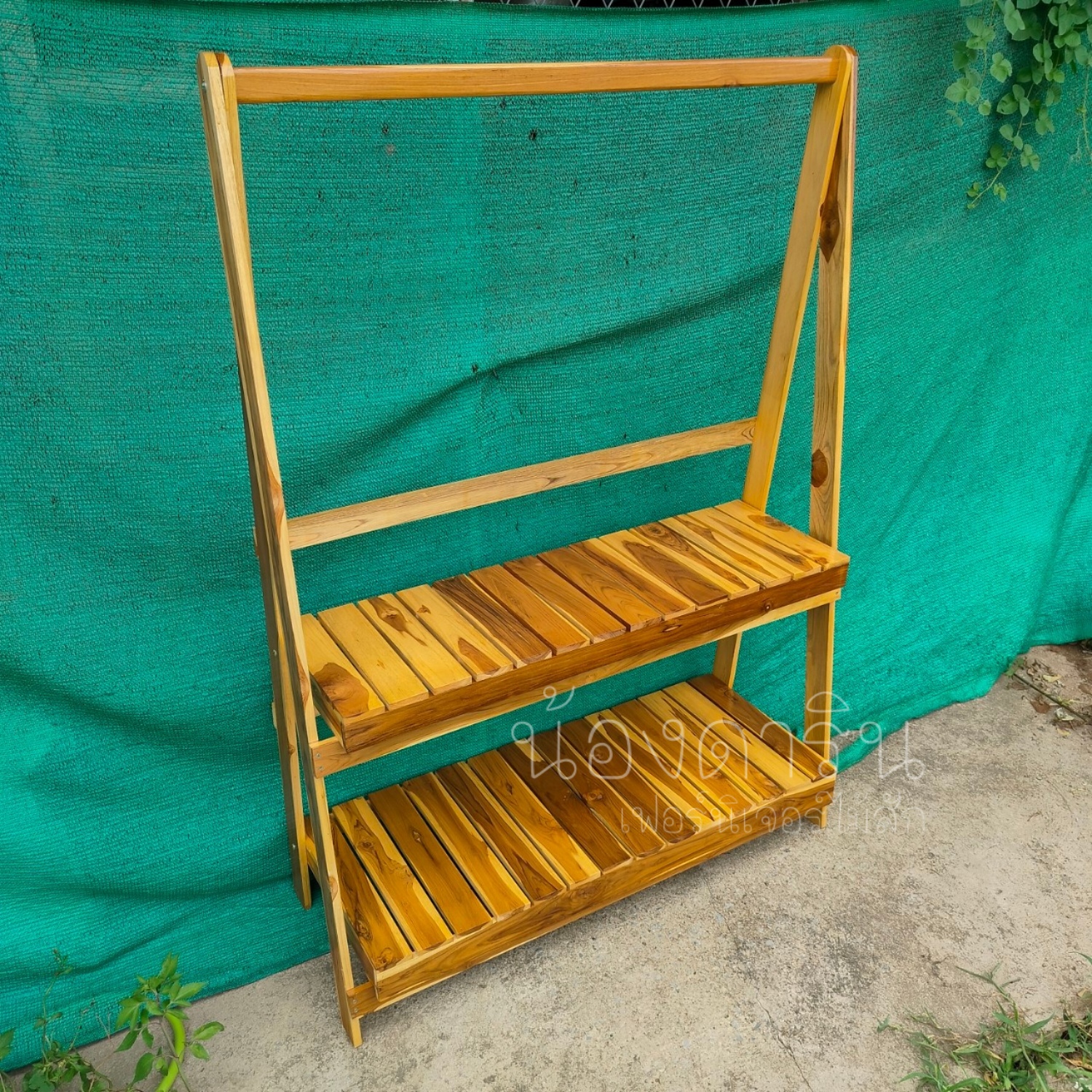 DR ราวตากผ้า ราวผ้าไม้สัก ที่ตากผ้า พับได้ กว้าง115 ซม สูง150*34 ซม ชั้นที่1 ลึก40*38 ซม ชั้นที่2 ลึก30 ซม. สีเคลือบใส แบบ 2 ชั้นวาง Clothes rack. ราคา 1,190 บาท*ส่งฟรี