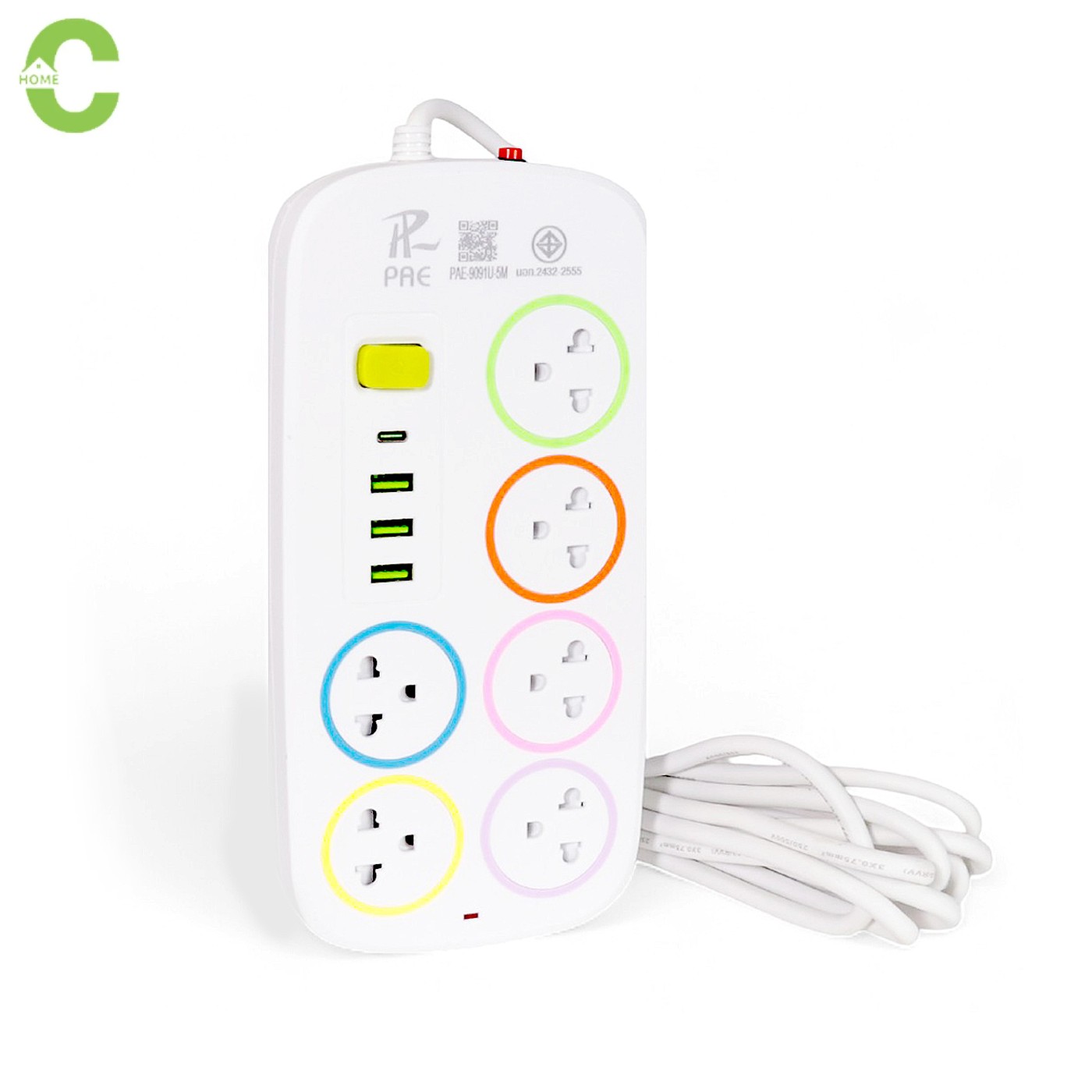 HOMEC ปลั๊กไฟต่อพ่วง ปลั๊กไฟพร้อมสวิตช์ ปลั๊กไฟ Socket Plug สวิตช์ปิด-เปิด พร้อมเบรกเกอร์ตัดไฟ มีช่อง USB และ Type-C มี มอก.