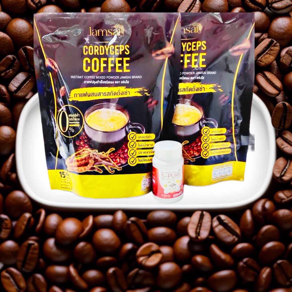 กาแฟแจ่มใส ซื้อ 1ห่อ แถม กาแฟ 1 ห่อ+เอสไฟเบอร์ 1 กป กาแฟถั่งเช่าทอง ไม่มีน้ำตาล ราคา 100 บาท*ส่งฟรี