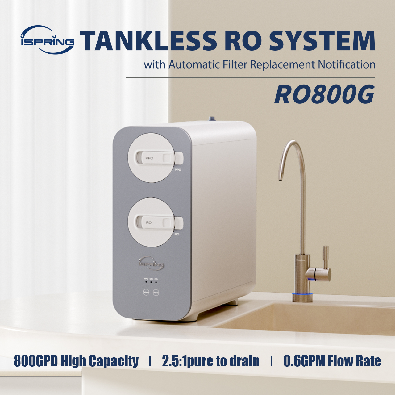iSpring RO800G Tankless Water Filtration System Reverse Osmosis 800 GPD Fast Flow drinking Water Filter Up to 2.5:1 Pure to Drain Ratio Under Sink TDS Reduction ราคา 22,999 บาท*ส่งฟรี