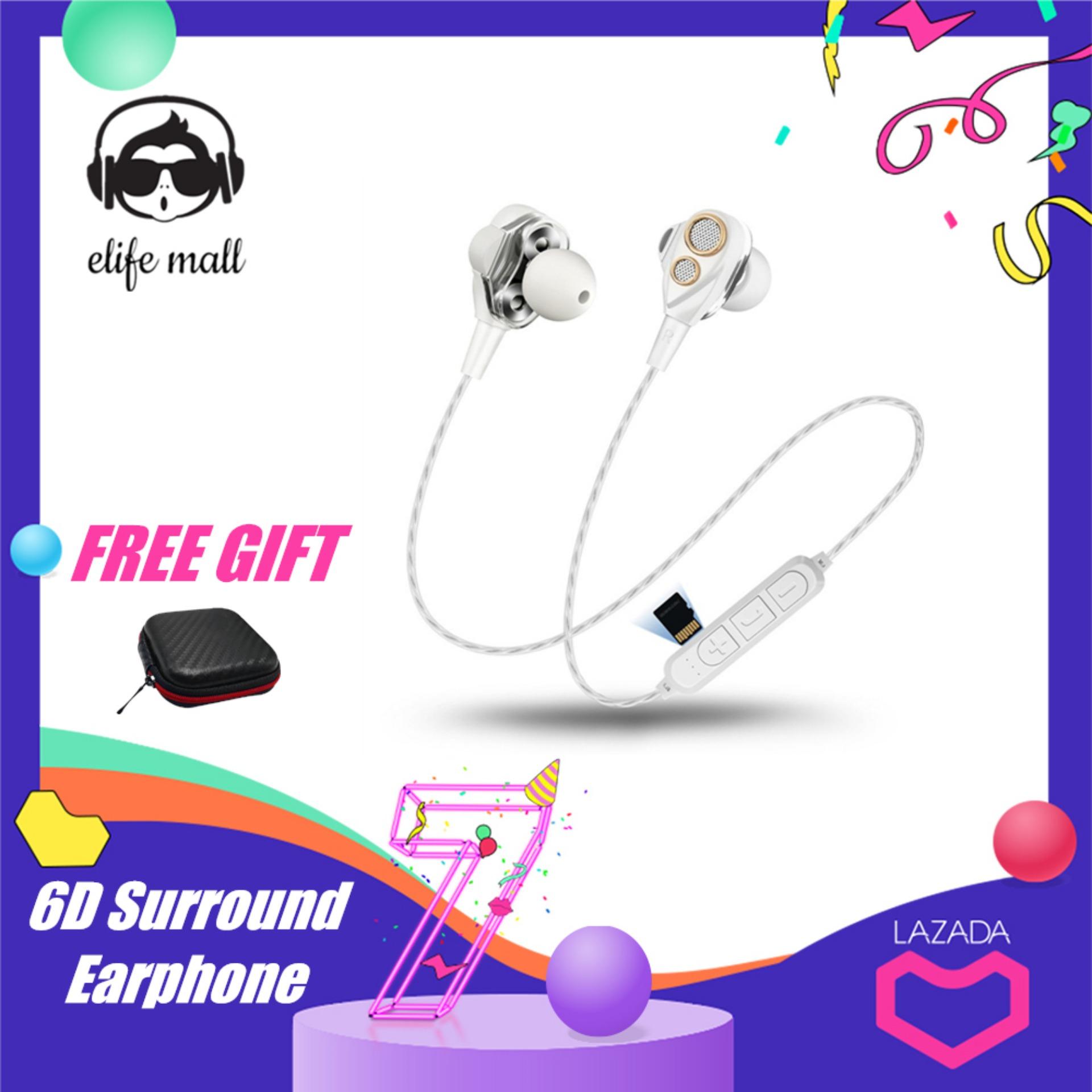 E - Life IEM ไร้สาย 6D Surround หูฟังแบบ in-ear, บลูทูธ v4.1, ไดรเวอร์คู่ Quad ลำโพง, สเตอริโอ HIFI คุณภาพ, สนับสนุน TF การ์ด, ตัดเสียงรบกวน, ไมโครโฟน HD (สีขาว/สีดำ)