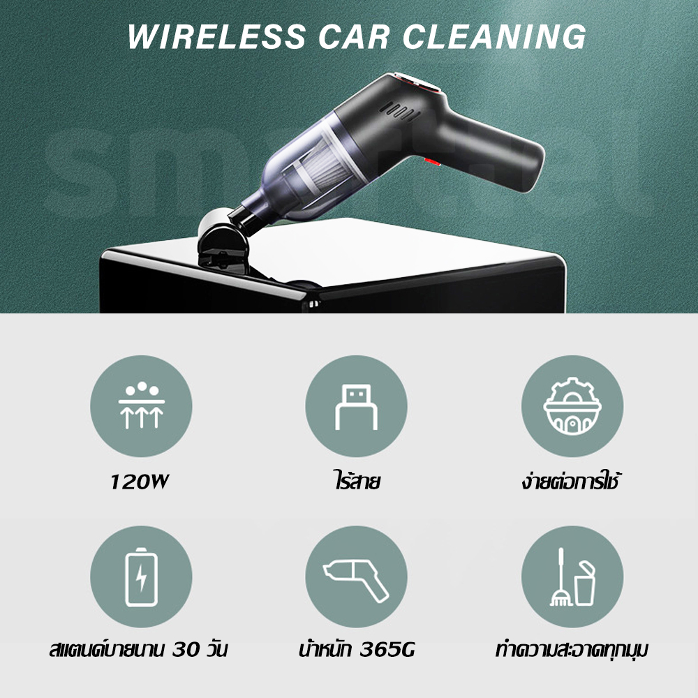 เกี่ยวกับสินค้า 【จัดส่งฟรี】Smarttel เครื่องดูดฝุ่นในรถ ไร้สาย 9000Pa 120W เครื่องดูดเอนกประสงค์ใช้ได้ทั้งในบ้านและในรถ car vacuum cleaner