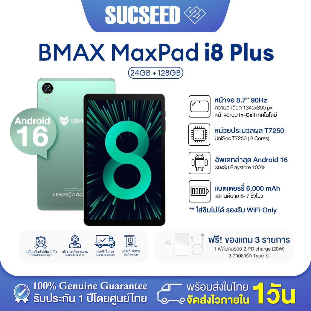 Genuine (2026) Bmax I8 Plus Tablet 8.7 Inches 90Hz │ Ram 24Gb (4Gb+20Gb) + Rom 128Gb │ Unisoc T7250 │ 6,000Mah Small Device, Easy to Carry, Wi-Fi 5Ghz, Bmax1 Center Warranty for 1 Year in Thailand. ราคา 3,690 บาท*ส่งฟรี