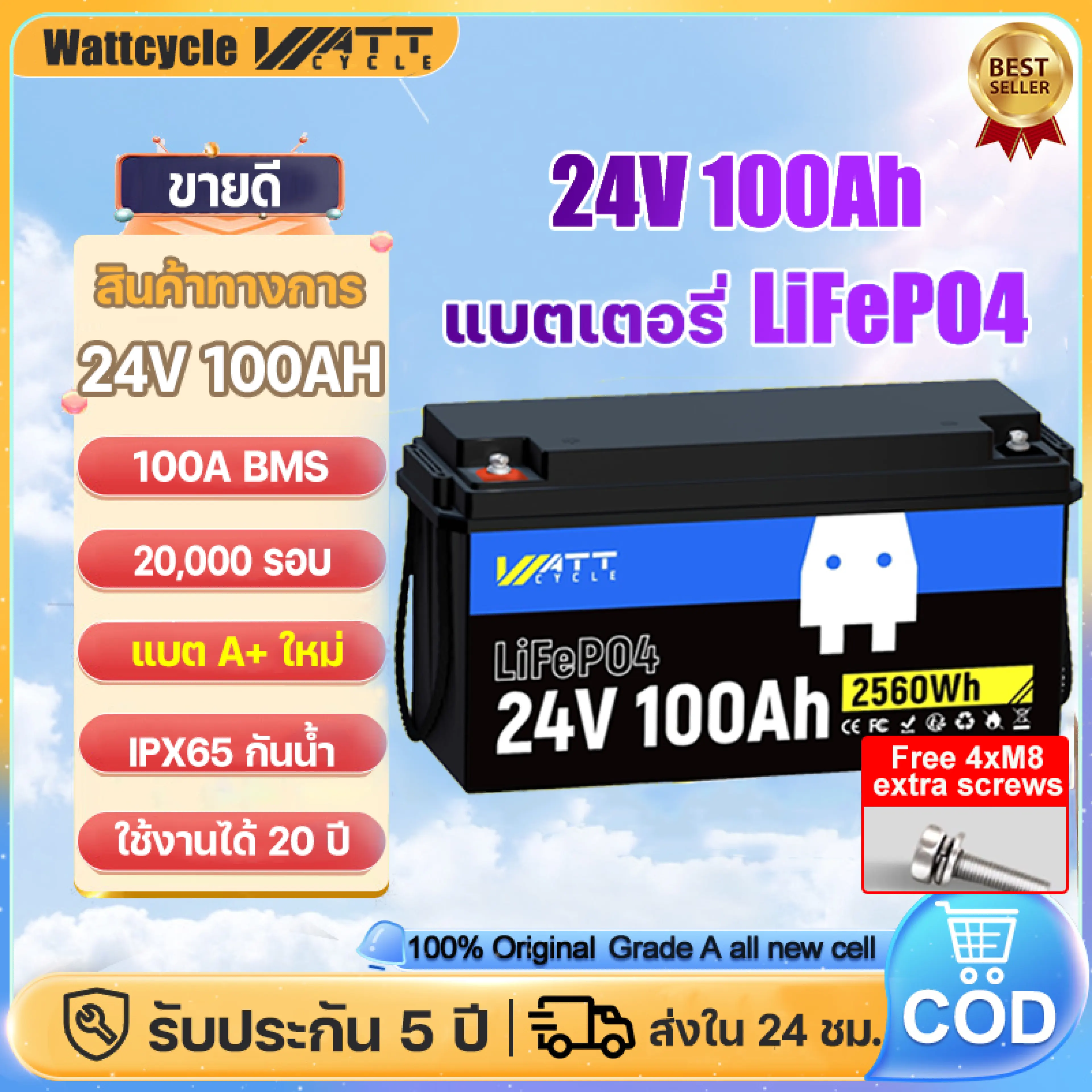 WattCycle 24V 100Ah LiFePO4 Lithium Rechargeable Battery, Max.2560Wh, Built-in 100A BMS, A+ Cells, Low-Temperature Protection - for Home, Other 24V Equipment Solar Battery