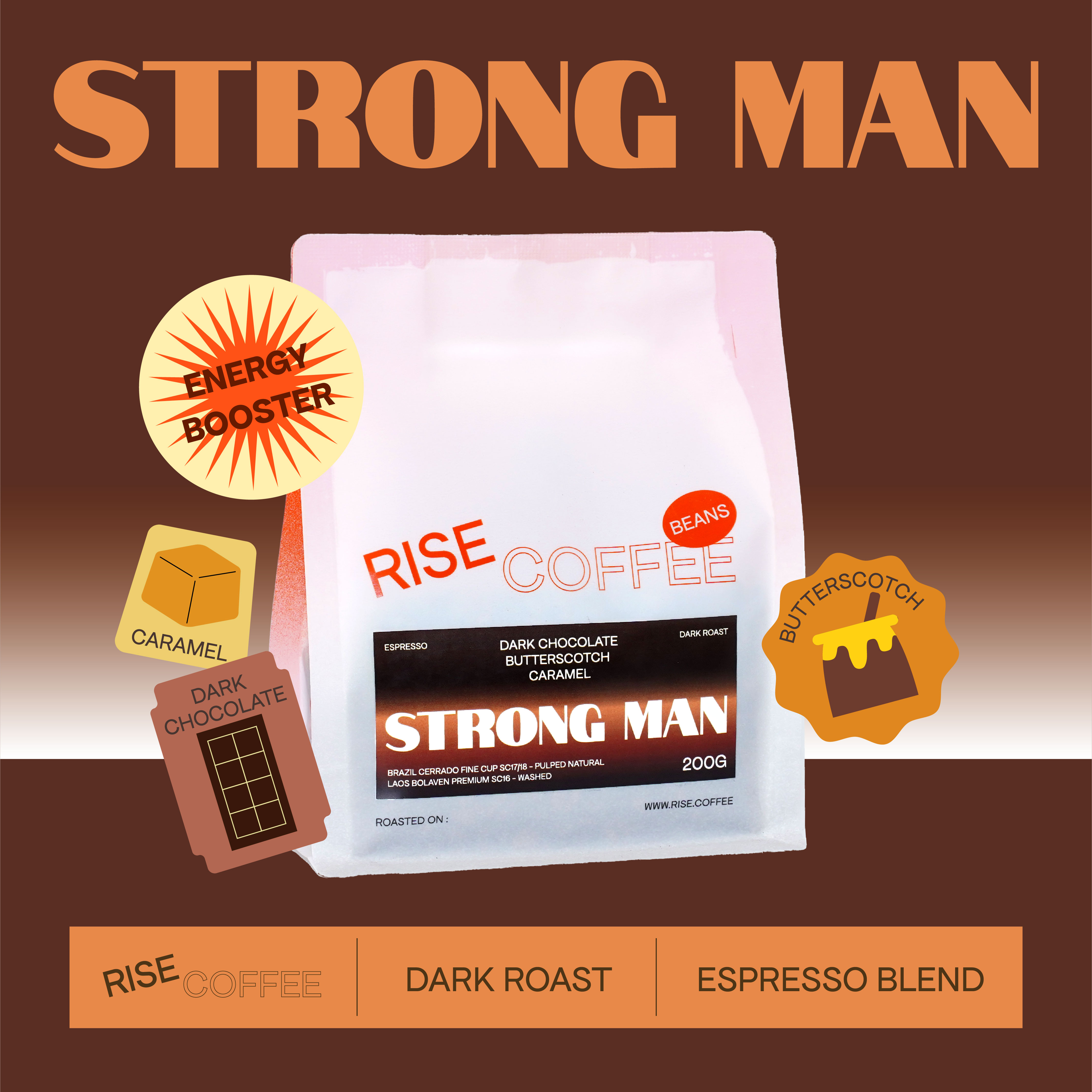 RISE COFFEE เมล็ดกาแฟคั่วเข้ม Strong Man เข้ม นุ่ม หอมละมุน Brazil - Laos เกรดพรีเมี่ยม ราคา 185 บาท*ส่งฟรี