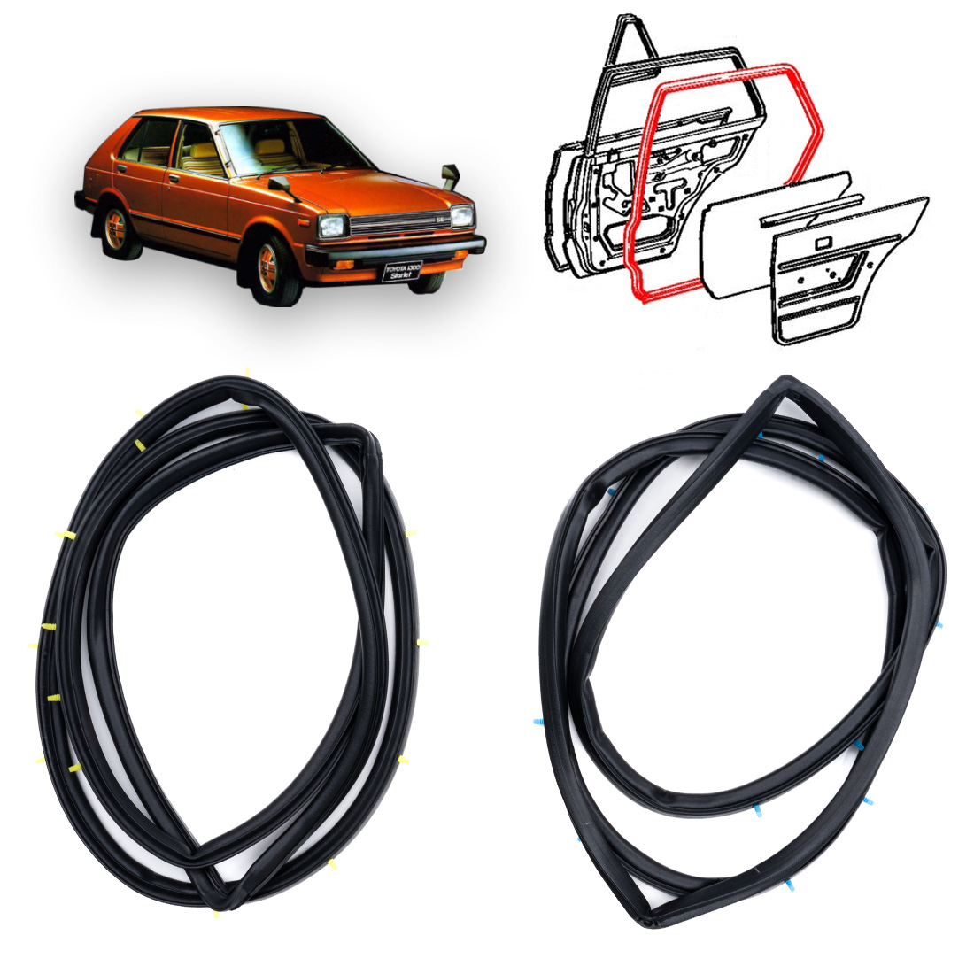 1 Pair of Rear Door Rubber Seals, Around the Door, Toyota Starlet Sedan 4-Door, Wagon 5-Door, Year 2521 - 2527, Toyota Starlet Kp60 Kp62 1978 - 1984 ราคา 3,208 บาท*ส่งฟรี