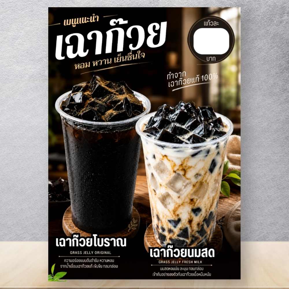 ป้ายเมนูน้ำ ป้ายเฉาก๊วย เมนูเฉาก๊วย เฉาก๊วยนมสด ป้ายฟิวเจอร์บอร์ด เคลือบแข็ง ขนาด A4/A3