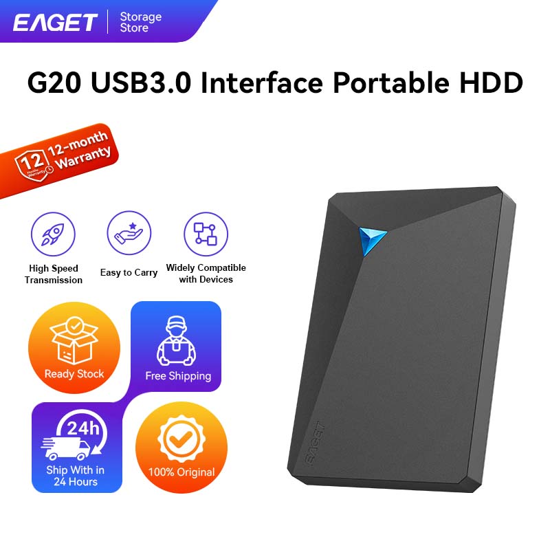 Portable Hard Drive G20 Eaget External Hard Drive Usb3.0, Speed 5Gbps, Size 2.5 Inches, Intelligent Hibernation Mode, Supports Laptops, Pc, Mac, Tvs, Game Consoles, Capacity 500Gb, 1Tb, 2Tb. ราคา 678 บาท*ส่งฟรี