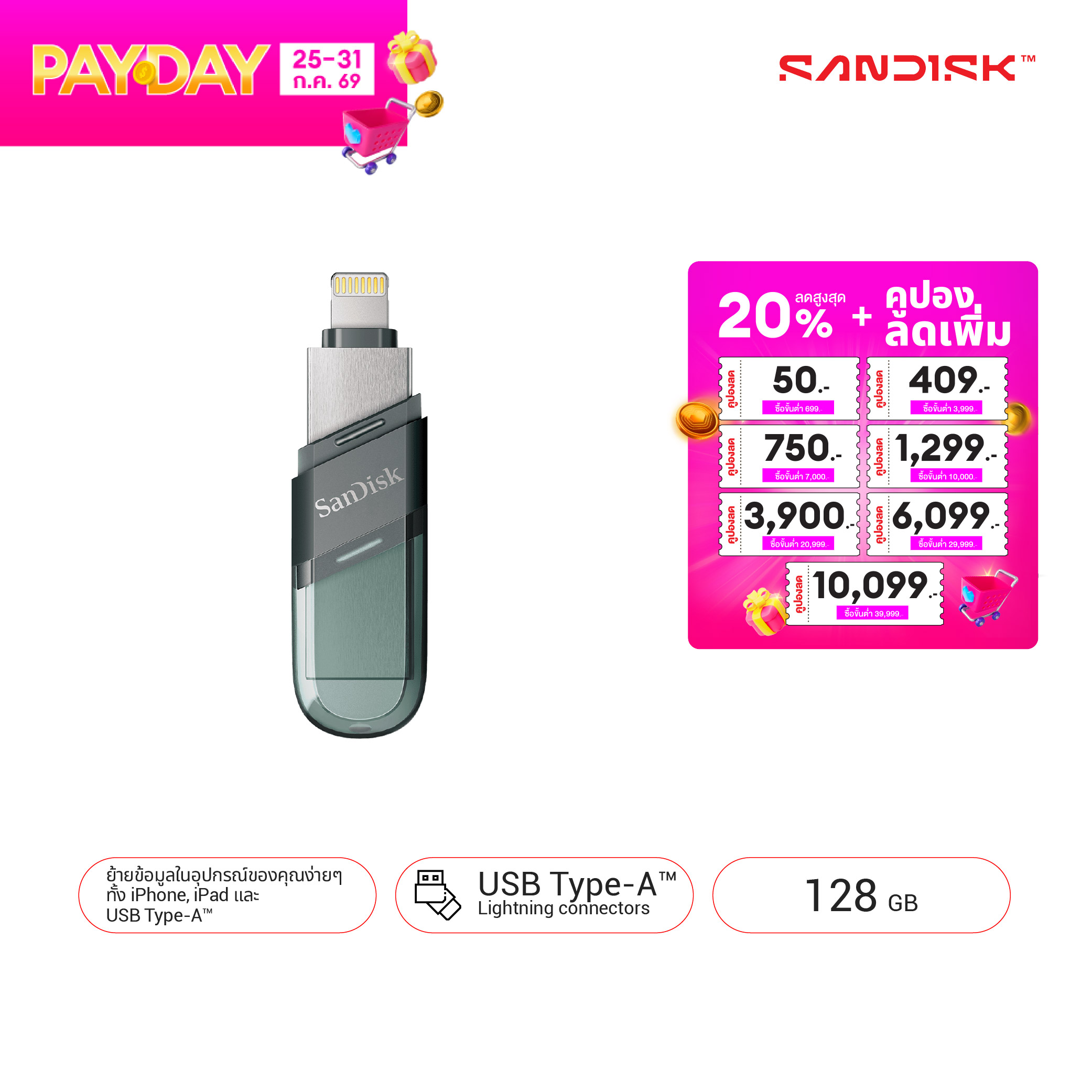 SanDisk iXpand Flash Drive Flip IOS USB3.0 128GB - (SDIX90N-128G-GN6NE)