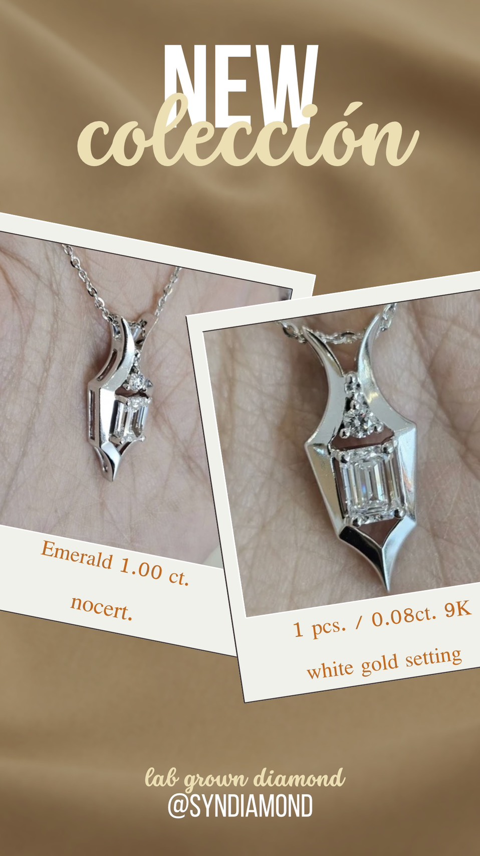 Pendant with Chain, Lab-Grown Emerald Diamond 1.00 Ct. Nocert. 1 Small Diamond, Total Weight 0.08 Carats, 9K White Gold Setting, 9K Italian Chain, Length 16 Inches, P000369. ราคา 30,800 บาท*ส่งฟรี