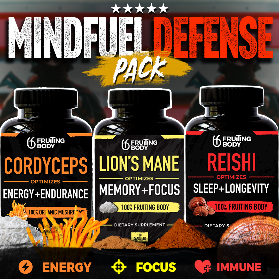 ผลิตภัณฑ์เพื่อสุขภาพ FRUITING BODY Mushroom Mind-Fuel Defense Combo – ชุดสุดคุ้ม (3 ขวด) – Lion’s Mane, Cordyceps & Reishi Capsules – สำหรับใช้ประจำวัน