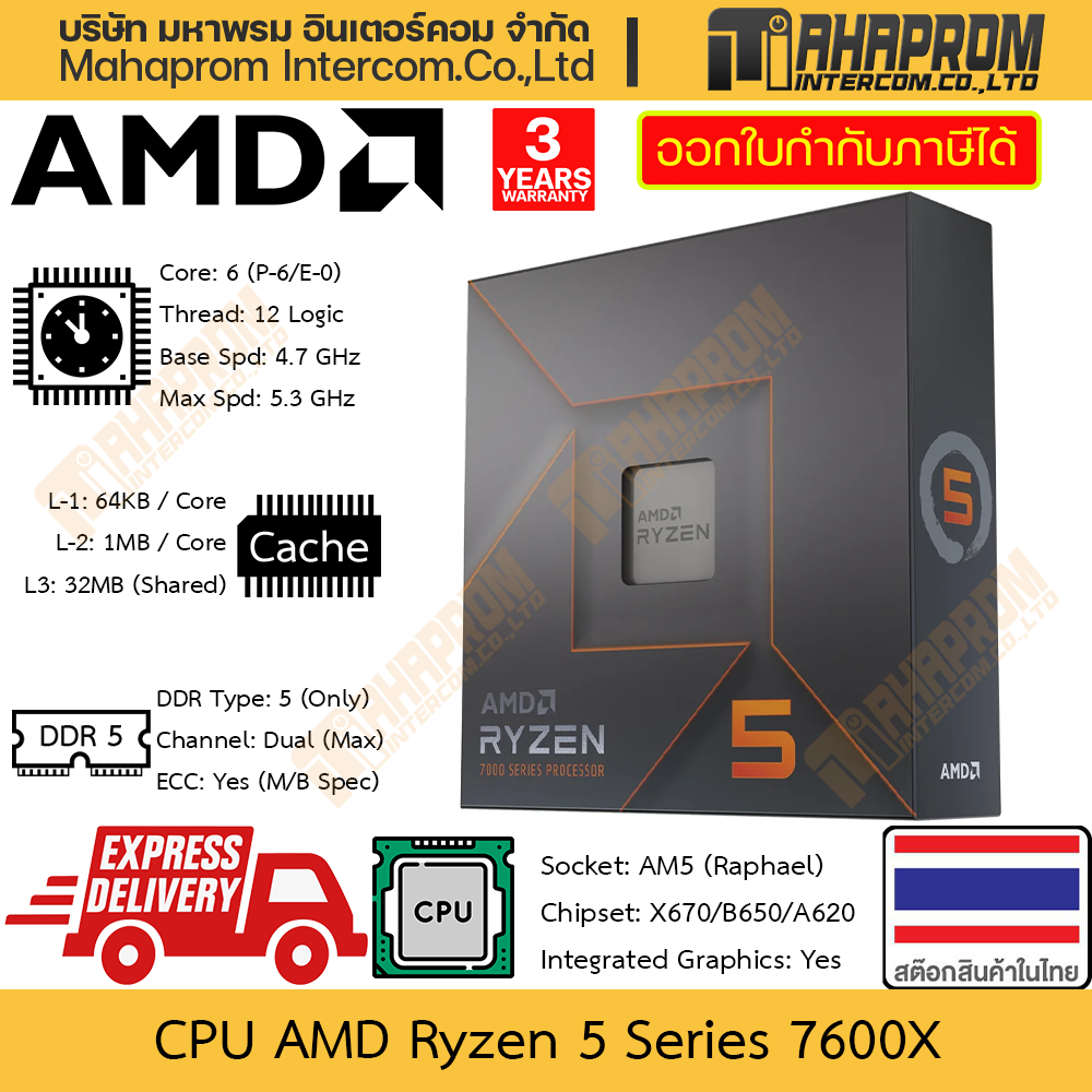 CPU AMD Ryzen 5 7600X / 7600 AM5 (Raphael) | 6 Cores 12 Threads | Clock 4.7 - 5.3 GHz Warranty Product ราคา 9,290 บาท*ส่งฟรี