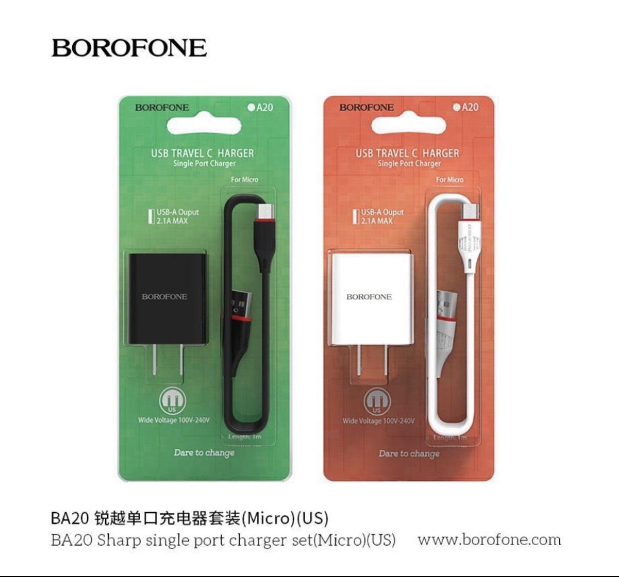 BOROFONE BA20 ชาร์ป, ผนังชาร์จพร้อมพอร์ต USB เดียว, US plug, สายเคเบิล Micro-USB หรือ USB-C, กระแสไฟออก 2.1A