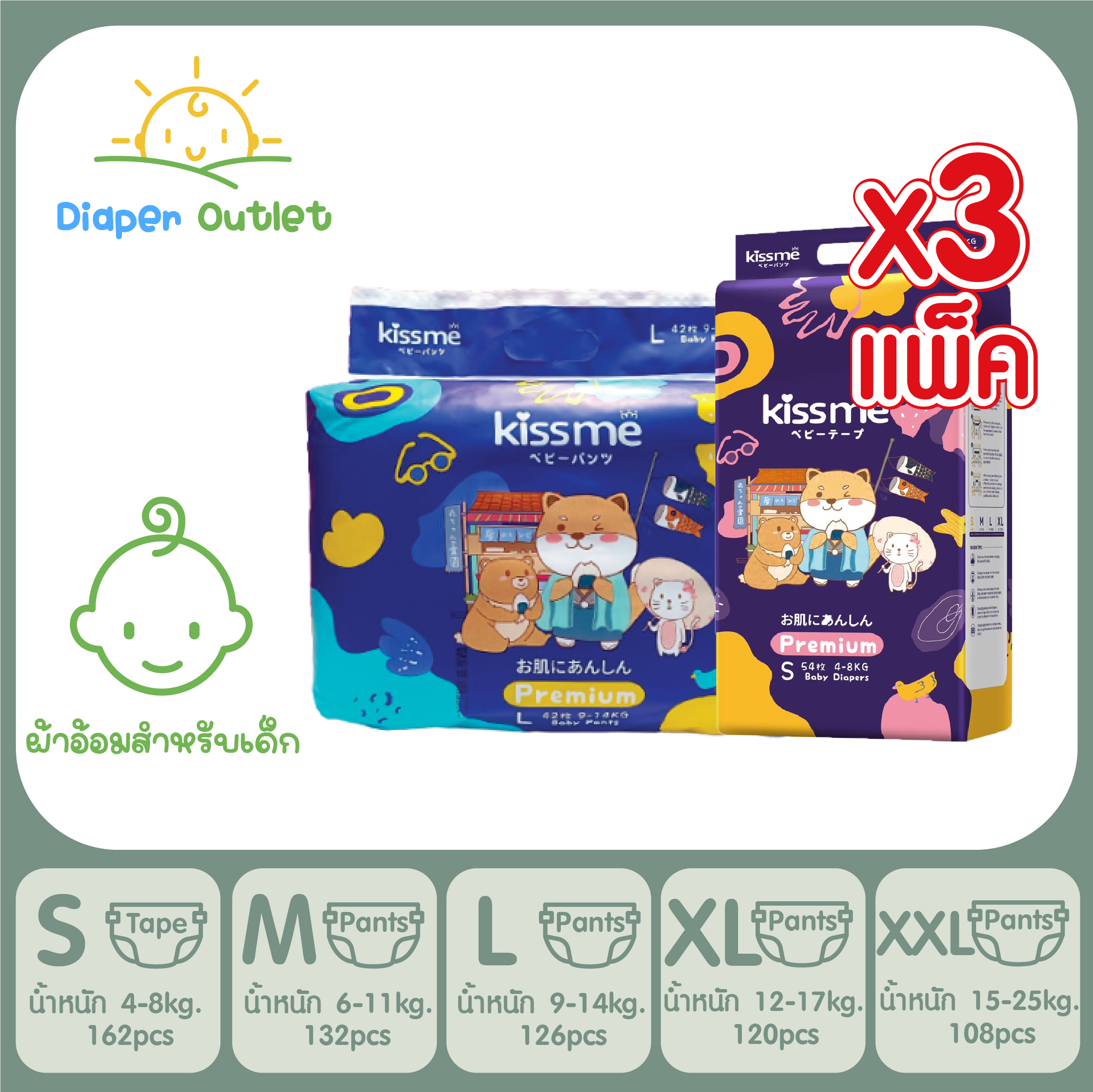 [Free Shipping] Kissme Baby Diaper Japan Technology 3 Packs S162/M132/L126/XL120/XXL108 ราคา 636 บาท*ส่งฟรี
