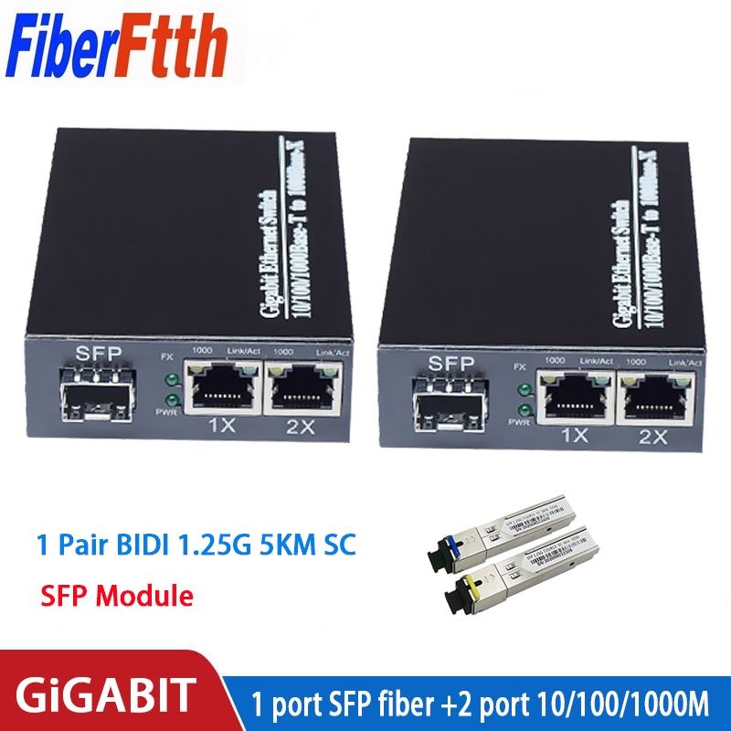 1 Pair Fiber Optical Media Converter 1 Port SFP to 2 RJ45 with 1 Pair LC/SC SFP Module 3/5/20 KM Gigabit Optical Fiber Ethernet 10/100/1000M