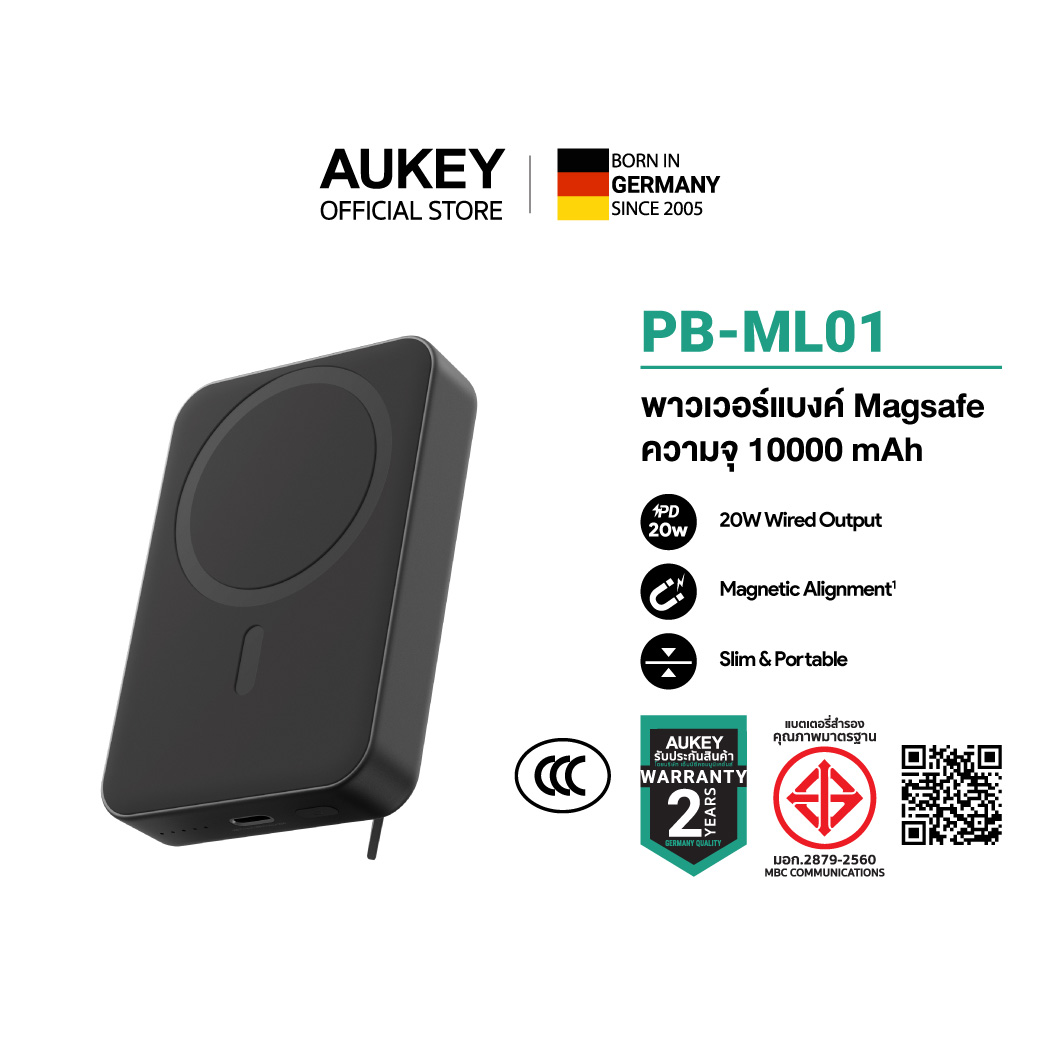 [CCC] AUKEY PB-ML01 Maglink 10K Power Bank 10000Mah Supports Magsafe, Fast Wireless Charging 15W and Wired Charging up to 20W, Compact Size, Easy to Carry, Supports CCC Safety Standards.