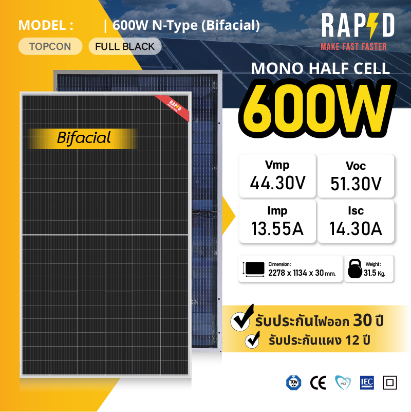 Rapd Delivers Free by the Seller. 600W Solar Panel, Can Capture Light from 2 Sides, Mono Half Cell (N-Type)(with Warranty) ราคา 2,790 บาท*ส่งฟรี