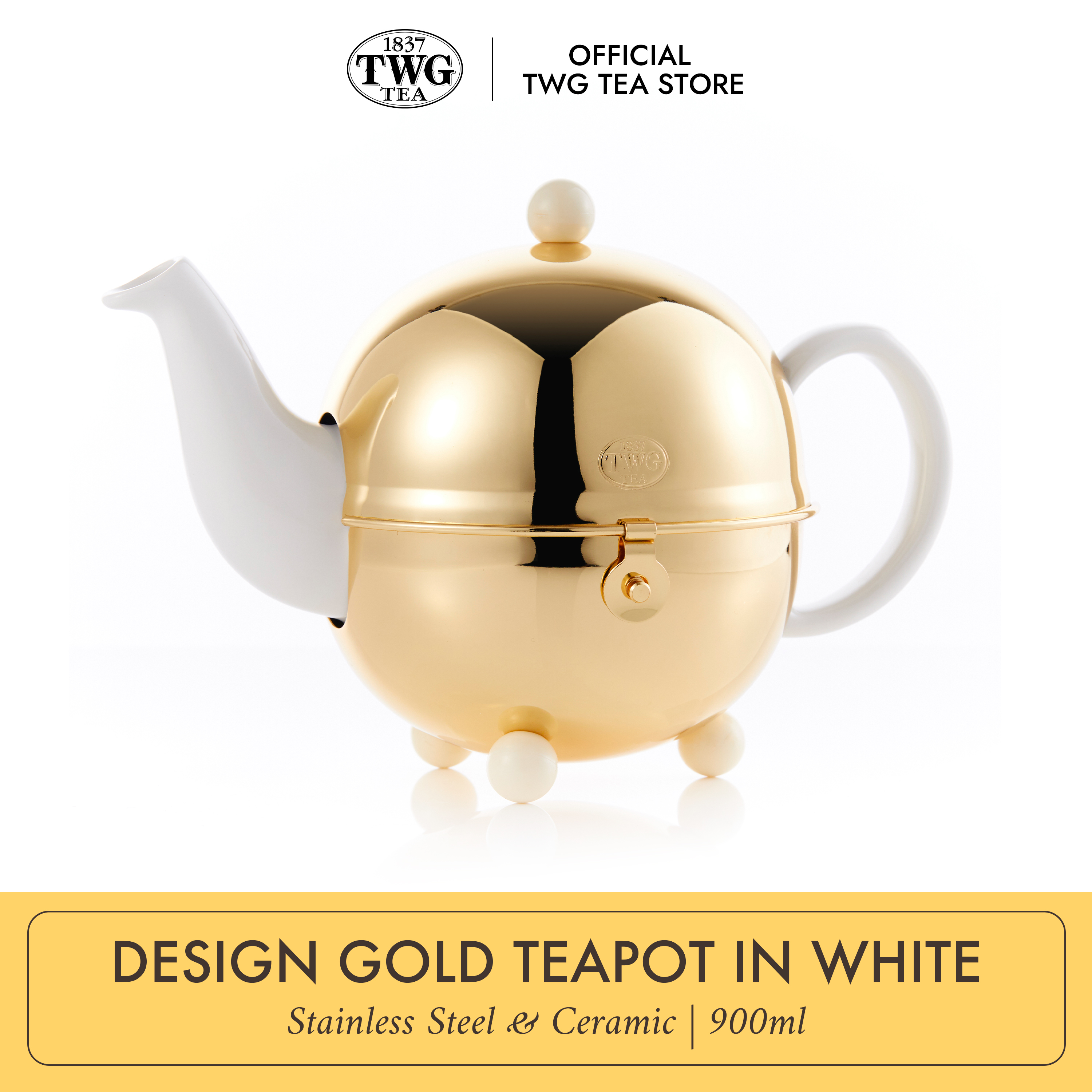 TWG Tea | Design Gold teapot in white ceramic with polished 30 micron gold plated warmer (900ML) ราคา 26,505 บาท*ส่งฟรี