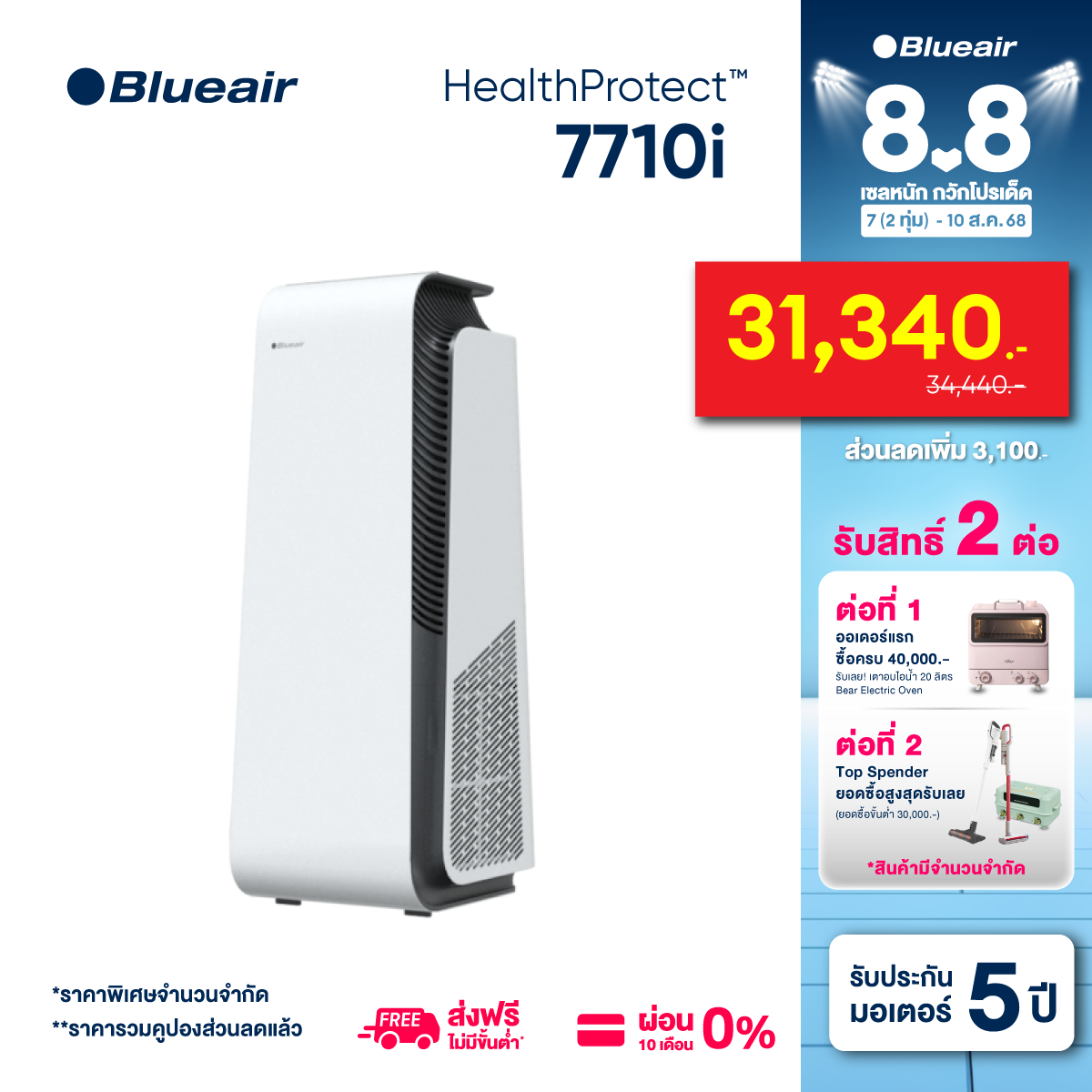 Blueair HealthProtect™ 7710i เครื่องฟอกอากาศ กรองฝุ่น PM2.5 แบคทีเรีย และไวรัส สำหรับขนาดพื้นที่ 62 - 103 ตรม. ราคา 34,440 บาท*ส่งฟรี