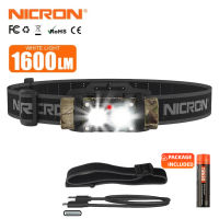 NICRON Flashlight H25/H35plus High Brightness Headlamp 1500/1600 Lumens Spot/Flood/Red Lighting Double-Switch Control IP65 Waterproof Headlight 18650 Type-C Rechargeable Flashlight For CampingHiking Adventure Christmas Gift