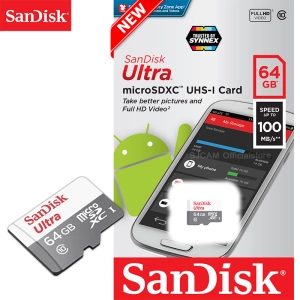 สินค้า Sandisk Ultra microSD Card 100MB/s ความจุ 64GB Class10 (SDSQUNR-064G-GN3MN) เมมโมรี่ การ์ด แซนดิส ใส่ โทรศัพท์ มือถือ สมาร์ทโฟน แท็บเล็ต Mobile Android Action Camera SJCAM SJ4000