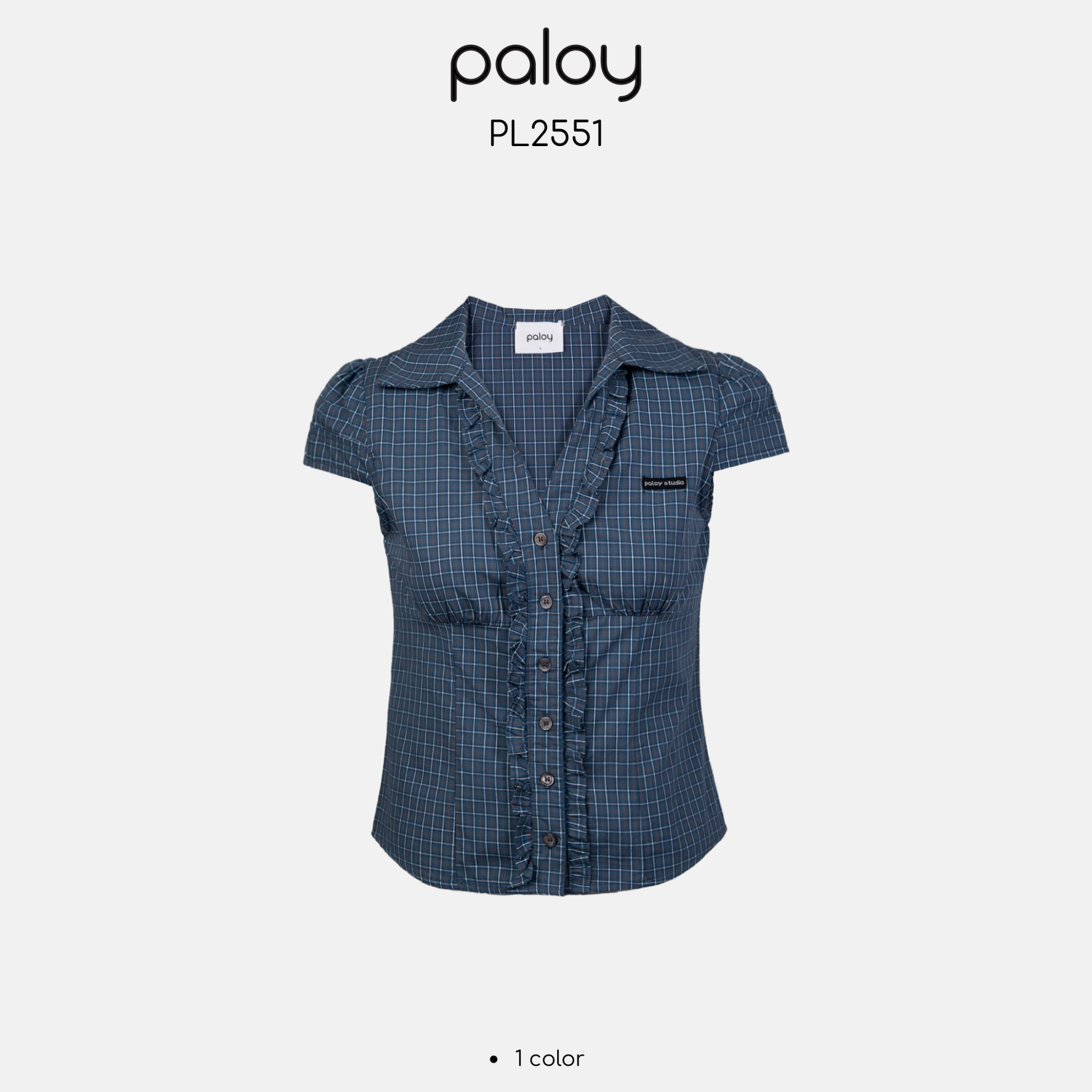 Paloy - Pl2551 Collared Shirt with Long Sleeves and a Checkered Pattern. Ruffled Hem. ราคา 490 บาท*ส่งฟรี