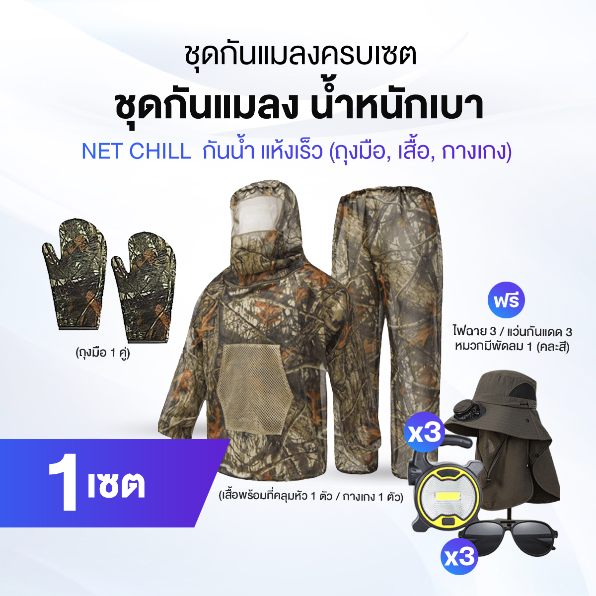 (Ready to Ship) Net Chill Complete Insect Protection Set, Free 3 Flashlights, 3 Sunglasses, and a Hat with a Built-In Fan. ราคา 999 บาท*ส่งฟรี